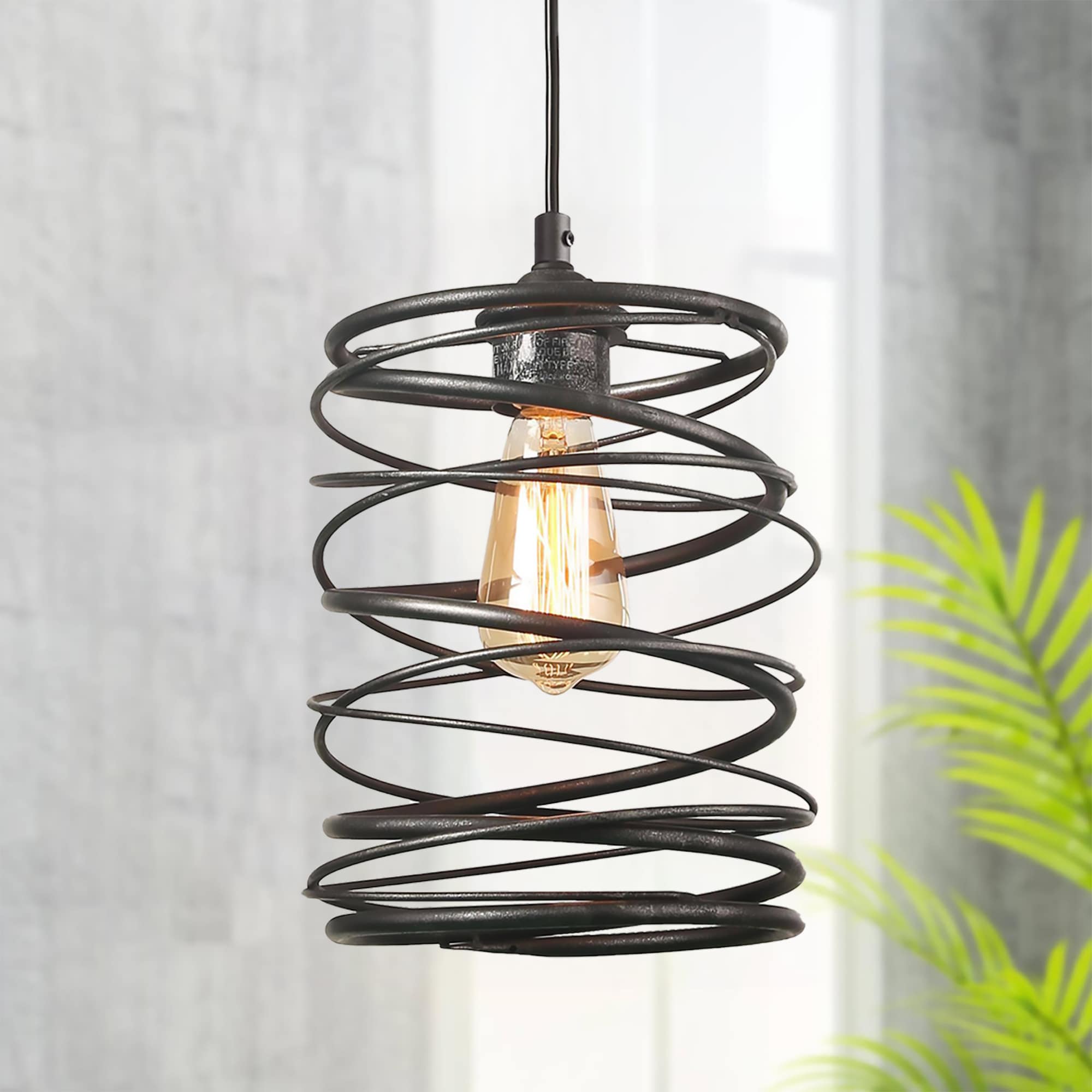 LNC A03292 Mocha 1 -Light Antique Black Spiral Cage Farmhouse Cylinder Mini Hanging Kitchen island light