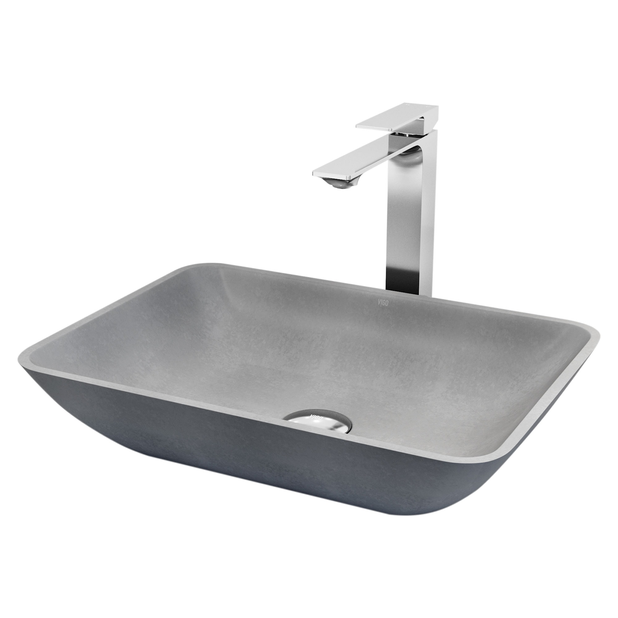 VIGO VGT2084 Concreto Stone Concrete 18 Vessel Rectangular Modern White Bathroom Sink with Faucet Included with Drain Included