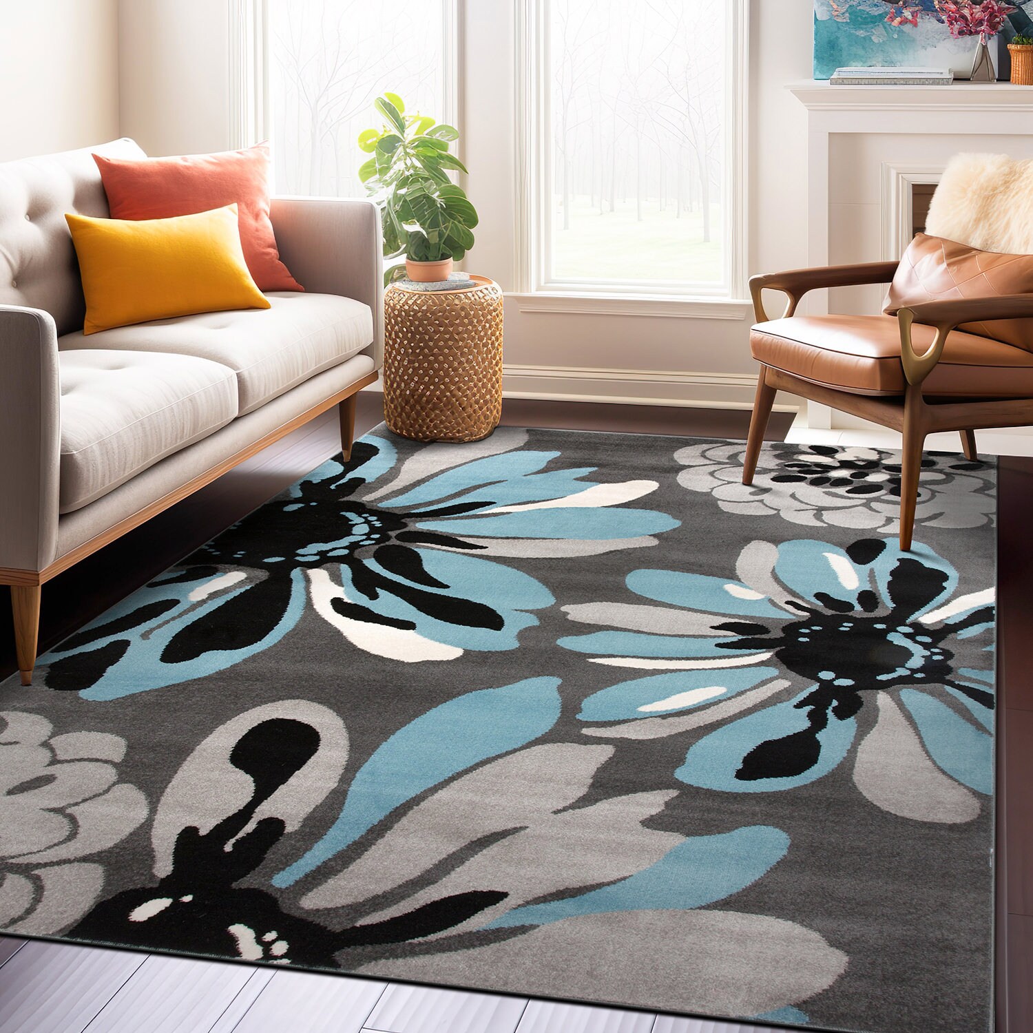 Blue and Gray Abstract Floral Synthetic Area Rug 8'8" x 12'