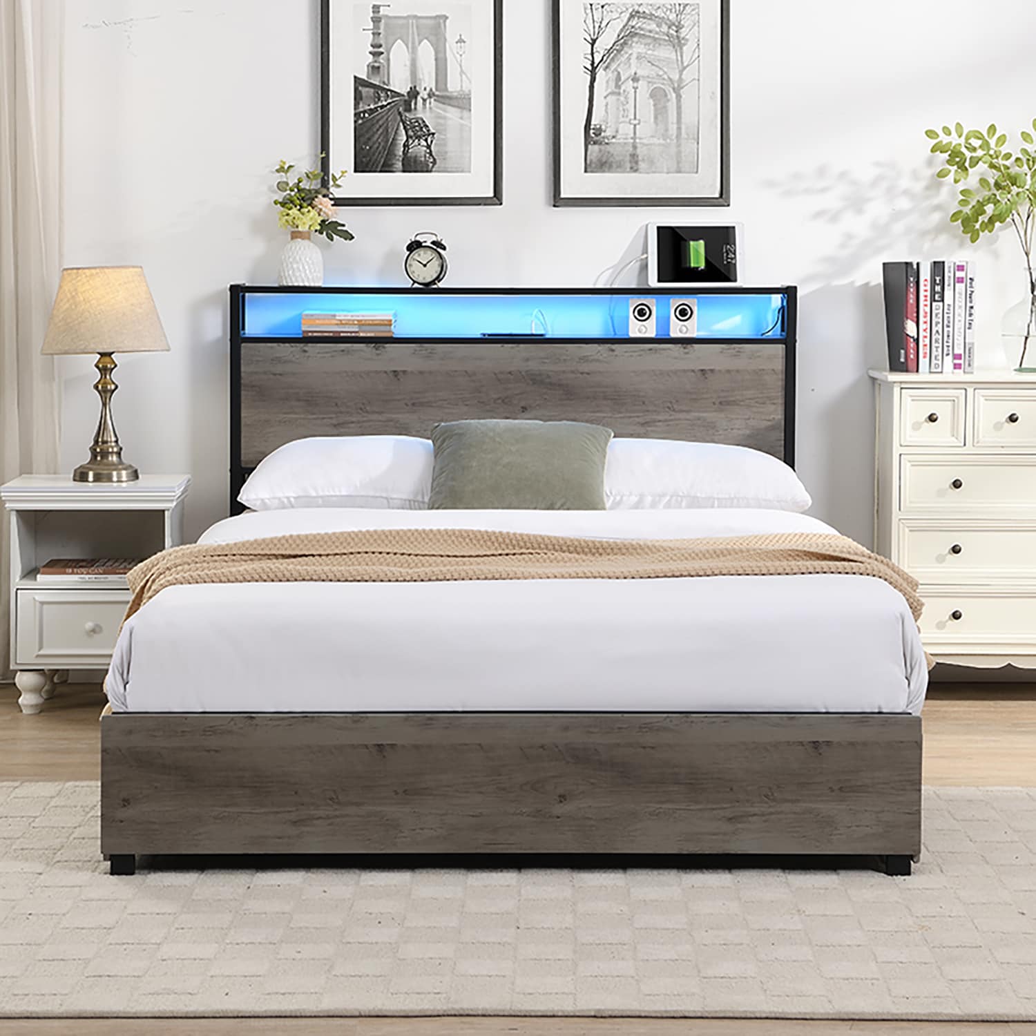 GZMR GZ-W804 Full Bed Frame with Charging Station Antique Gray Full Wood and metal Bed frame Bed with Storage