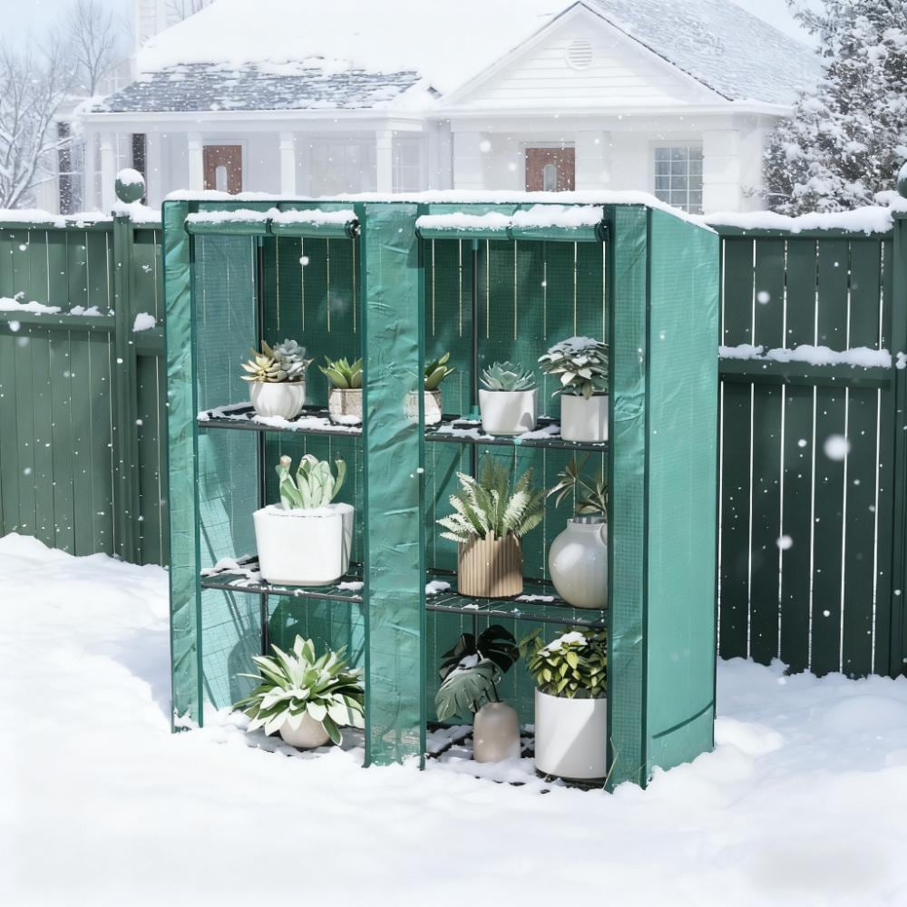 GDFStudio Revi Minimalist Steel Frame Lean-To Greenhouse with 2 Roll-Up Door 3-Tier Shelving and UV-Resistant Cover - Green