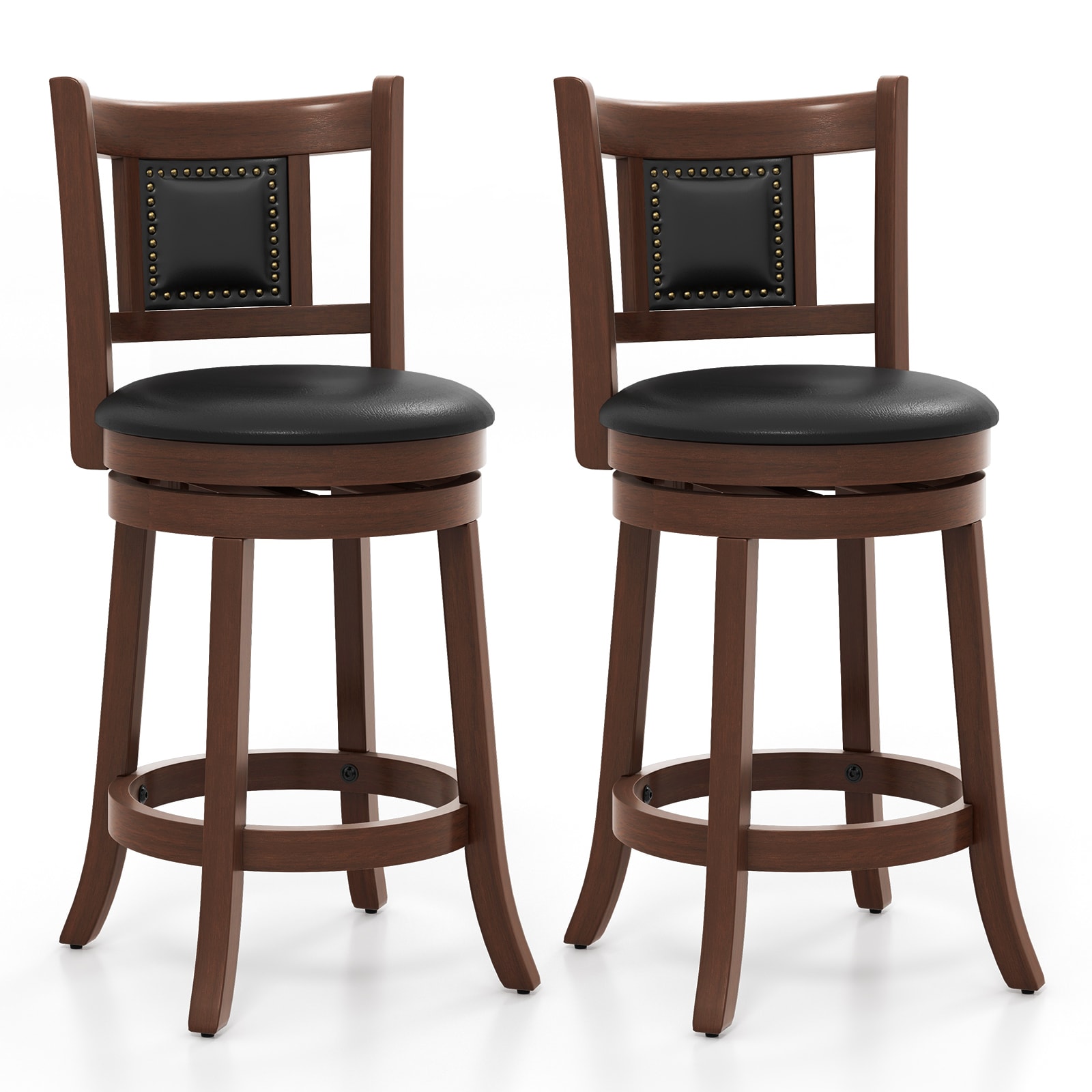 Slickblue D-CO-92-NB72211VJ Set of 2 Swivel Bar Stools with Curved Back Espresso PVC Leather Seats 25.5/30.5 inch Seat Height Rubber Wood Frame for Kitchen Island or Home Bar