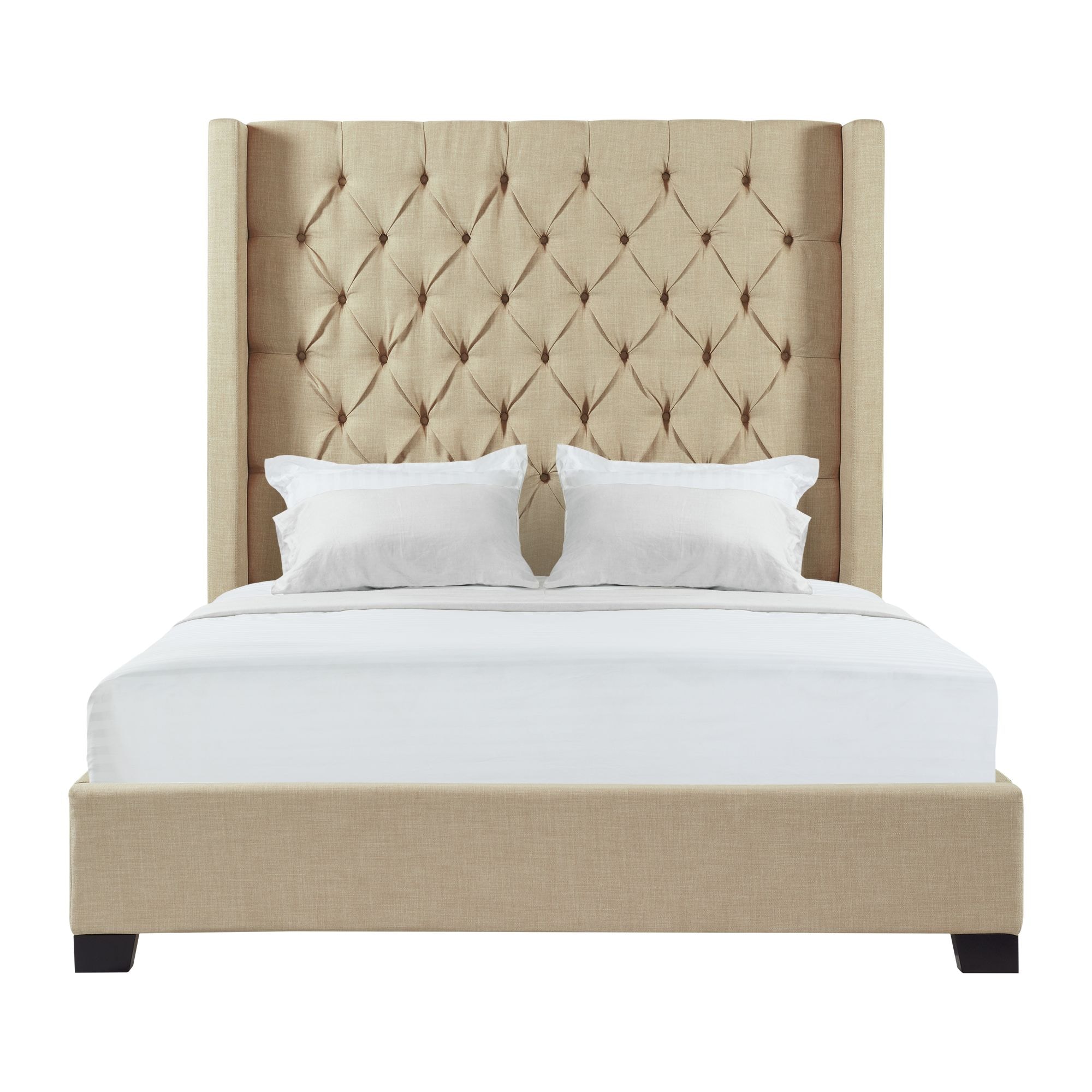 Elegant Queen-Sized Brown Wood Frame Upholstered Bed with Tufted Headboard