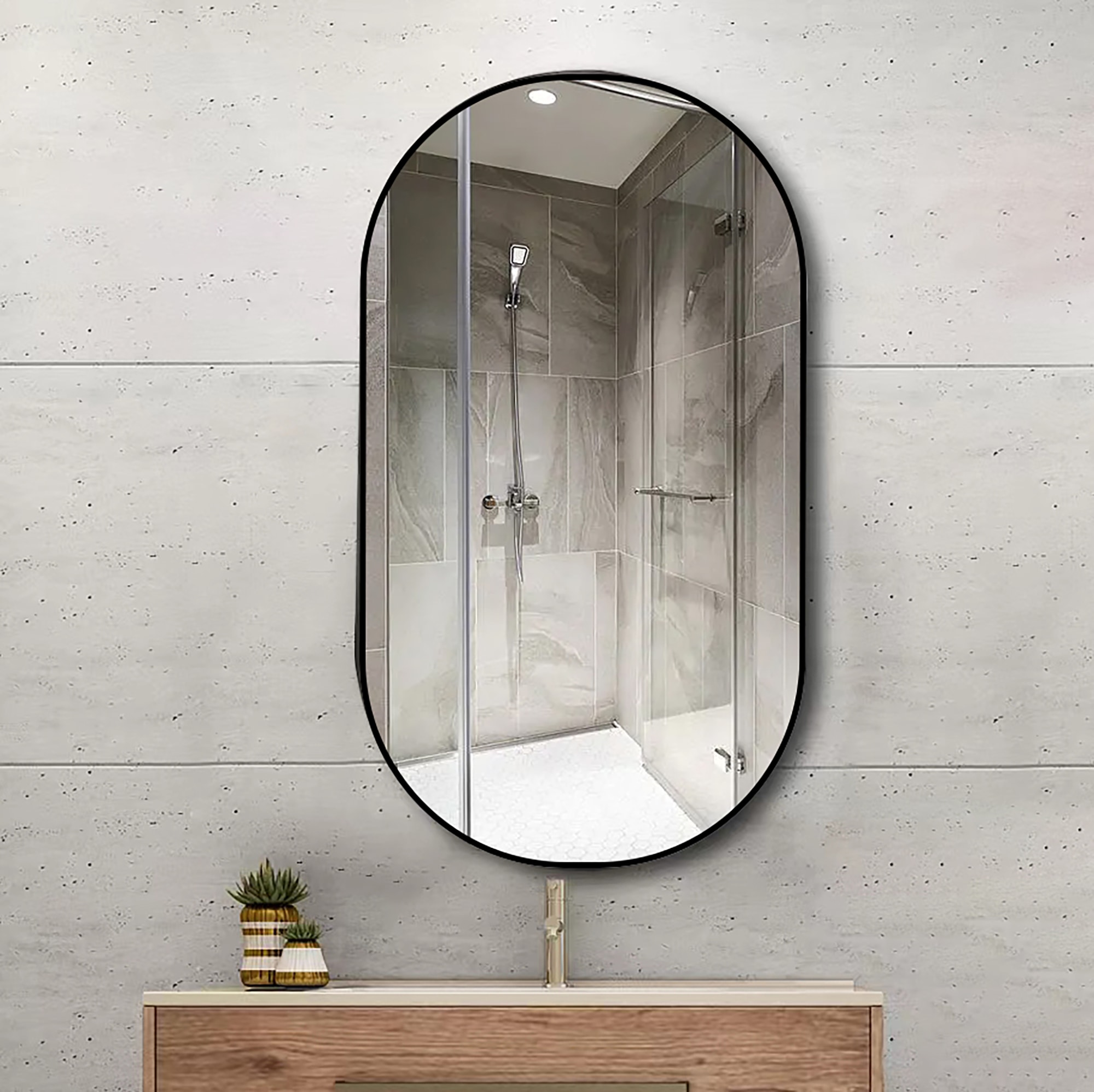 WELLFOR ALMR-30 36-Inches x 18-Inches Framed Oval Bathroom Vanity Mirror ( Black )