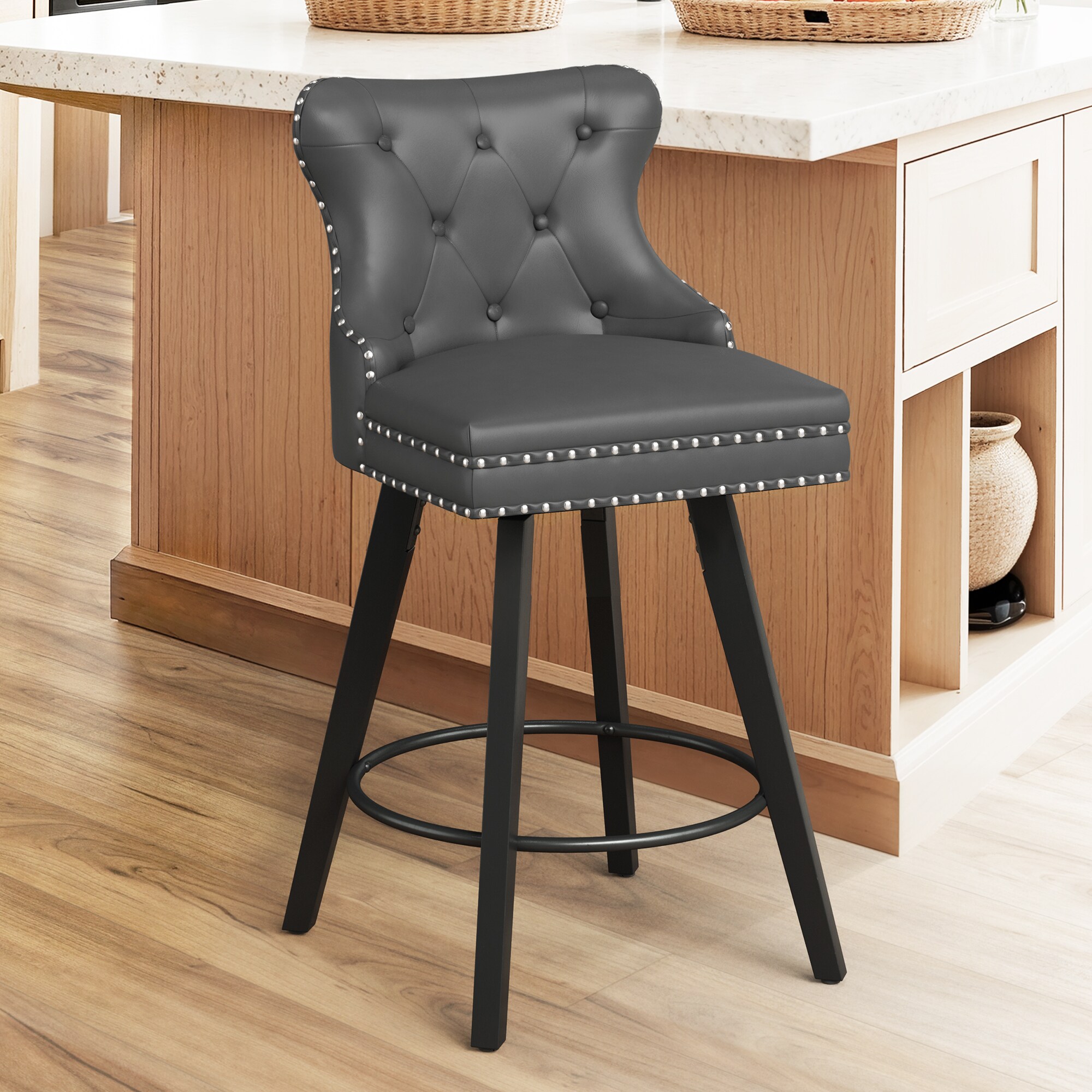 LUE BONA YB-121-02LS Dark Gary 27-in H Counter height (24-in to 27-in) Square Seat Upholstered Swivel Wood Back Bar Stool Back