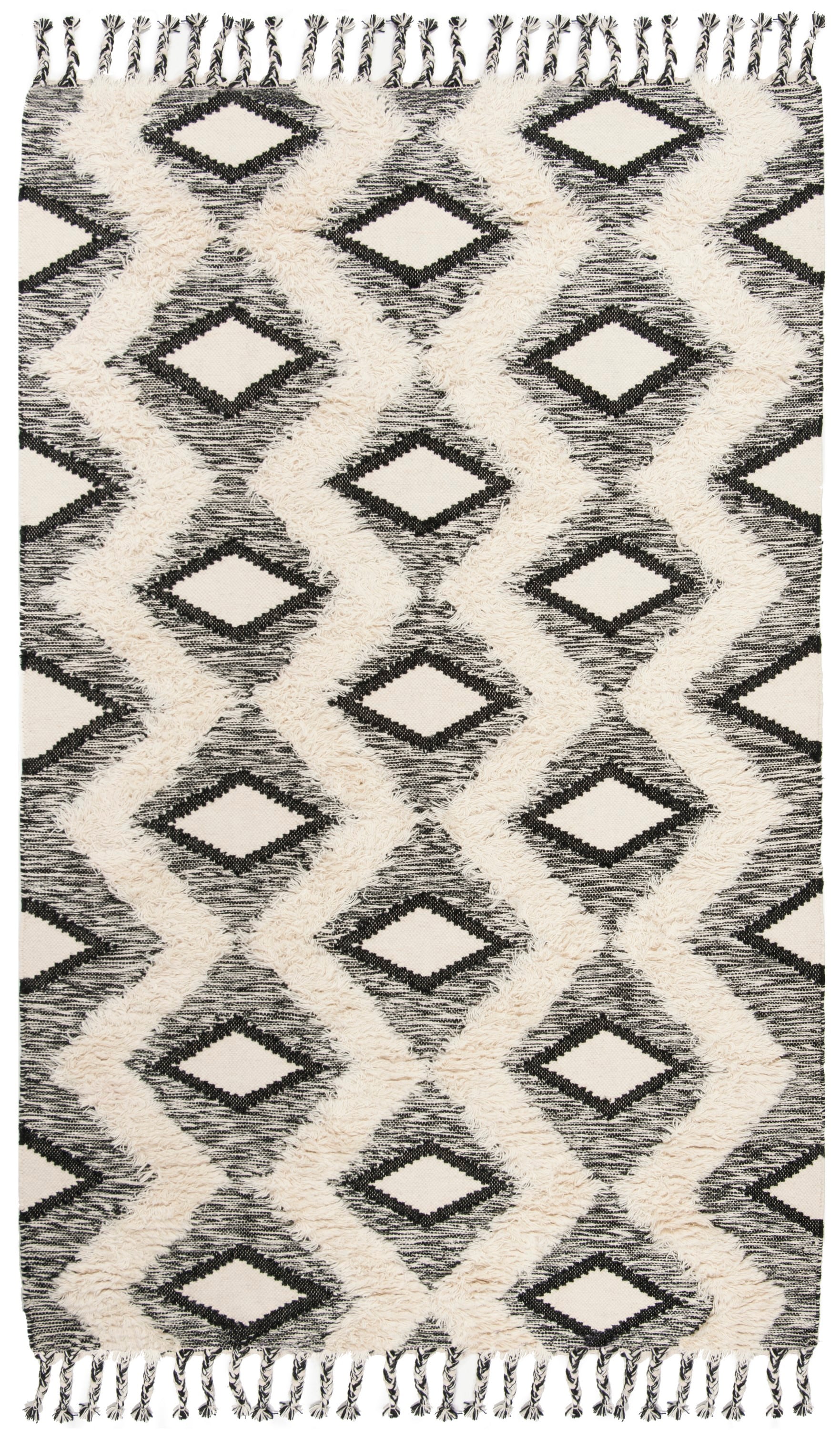 Hand-Knotted Black and Ivory Wool Geometric Area Rug, 6' x 9'