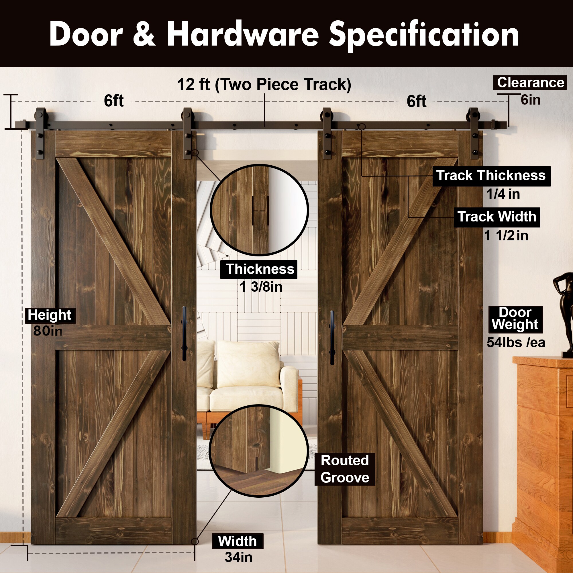HOMACER YT2TGH144C-3480F-WA Barn-Doors - View #2