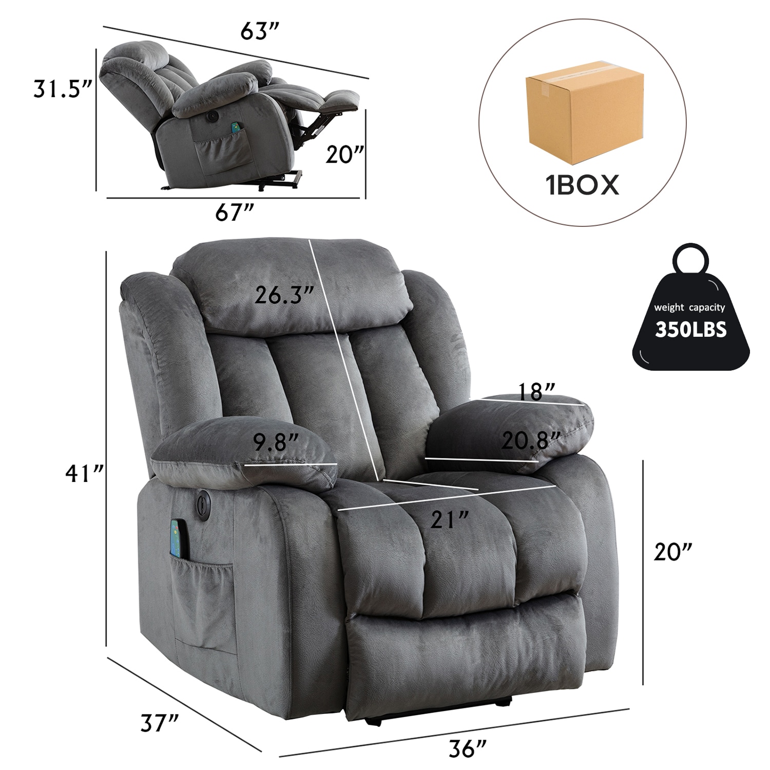 Canmov Power Lift Massage Recliner Gray Velvet Powered Reclining ...