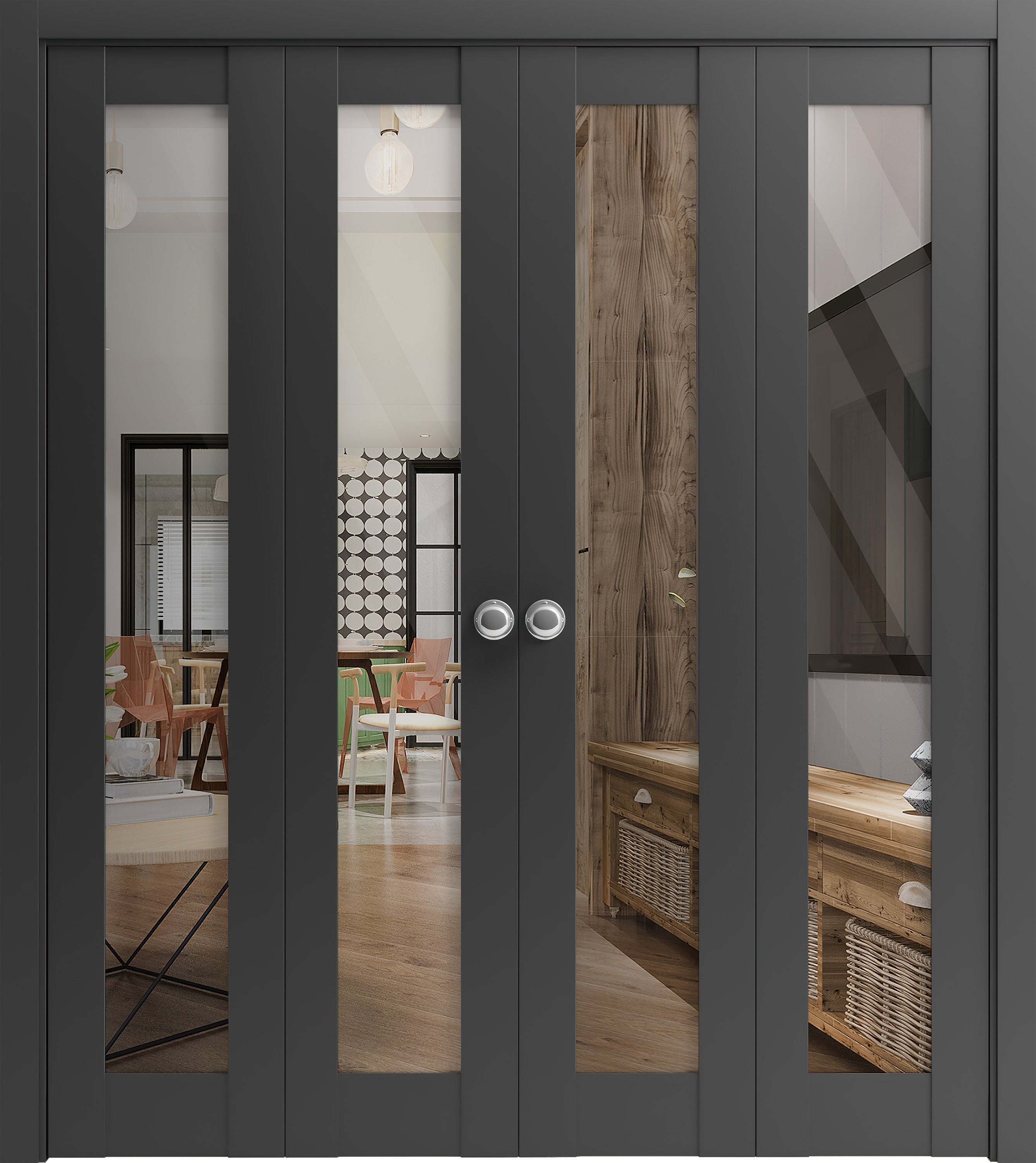 SARTODOORS Sliding Closet Double Bi-fold Doors 96 x 96 (4x 24x96) - Lucia 2166 Matte Black with Clear Glass - Sturdy Tracks Moldings Trims Hardware Set - Wood Solid Bedroom Wardrobe Doors