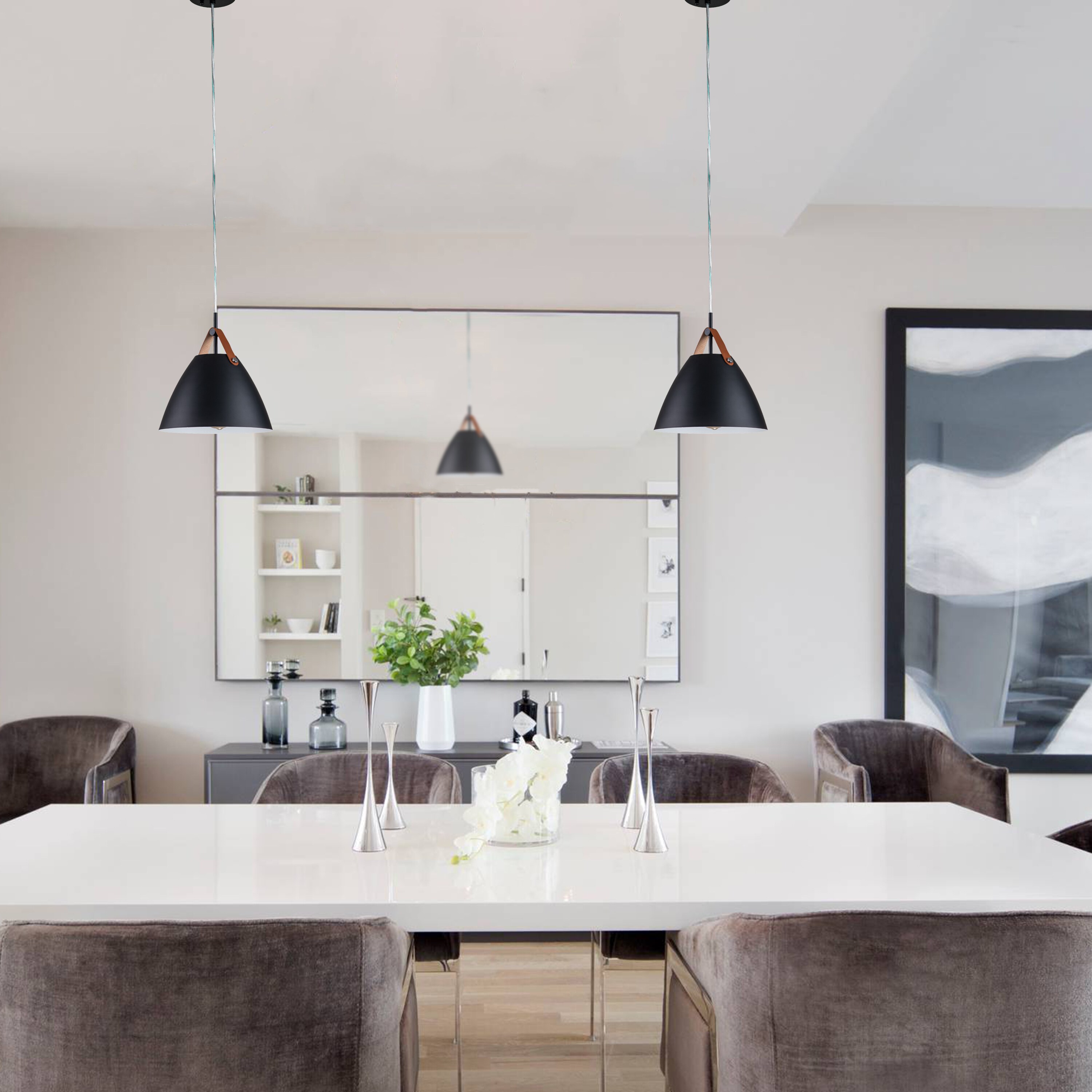 Modern 10.75" Black Aluminum Dome Pendant with Leather Strap