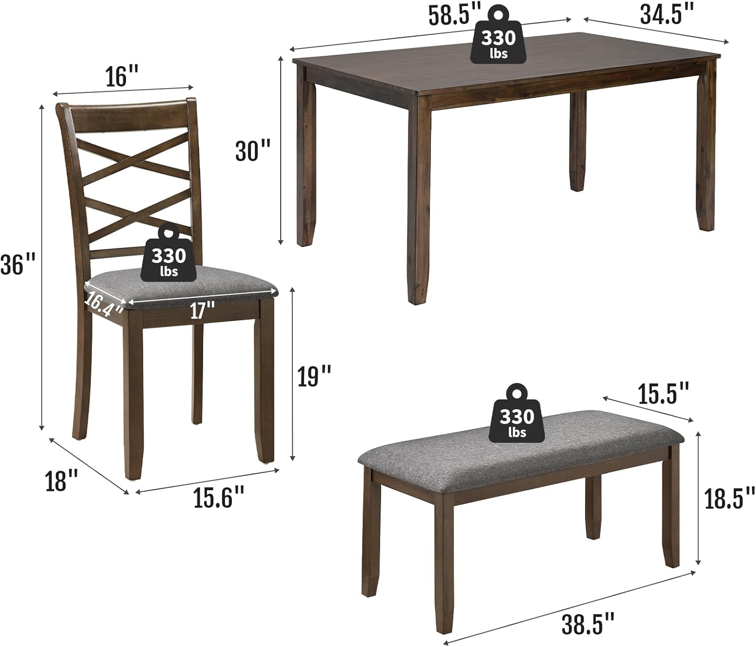 Zevemomo 6 Piece Solid Wood Dining Table Set with 4 Upholstered Chairs ...