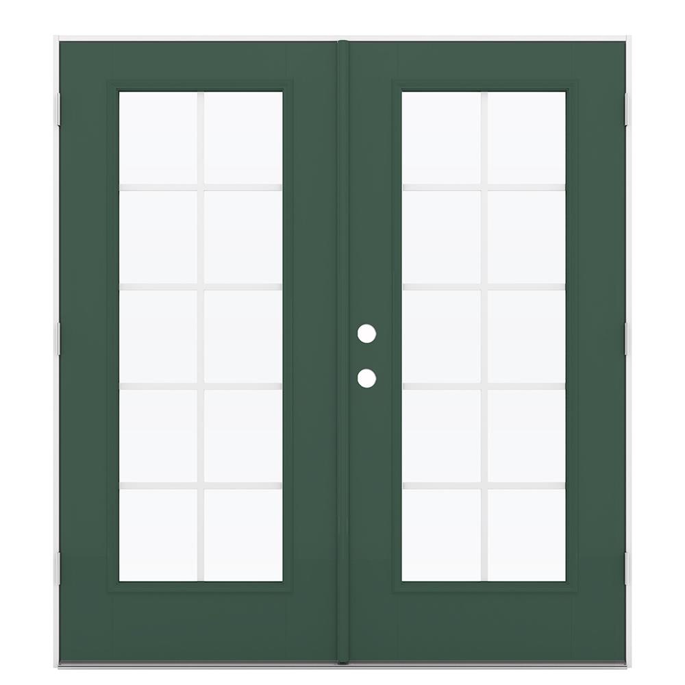 JELD-WEN LOWOLJW182300206 72-in x 80-in x 4-9/16-in Jamb Low-e Grilles Between The Glass Evergreen Fiberglass French Left-Hand Outswing Double Patio Door