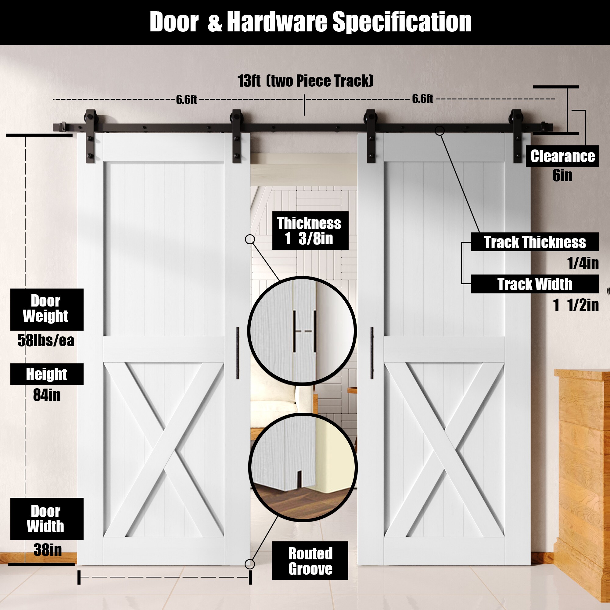 HOMACER YT2TGH156C-3884-X-WH Barn-Doors - View #2