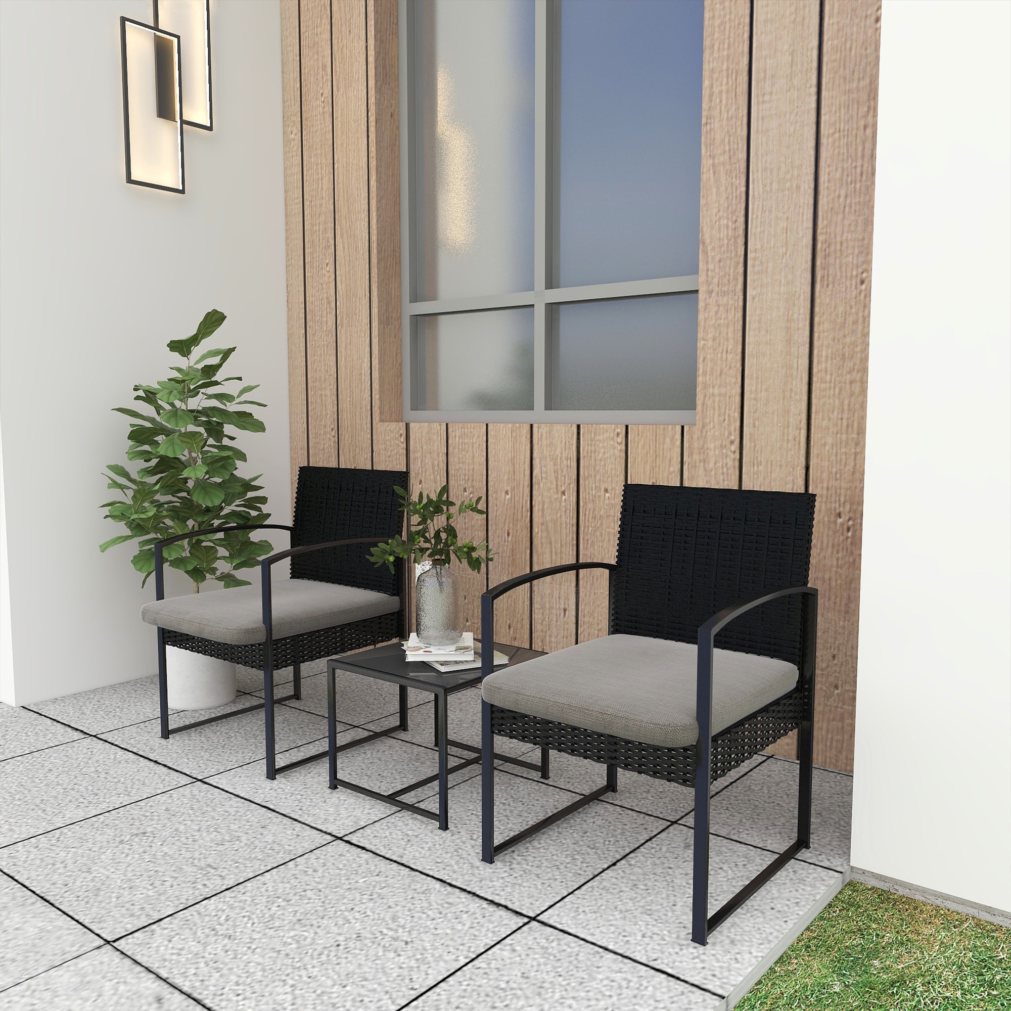 Clihome CL-401UPOD 3 -Piece Rattan Patio Conversation Set with Gray Cushions