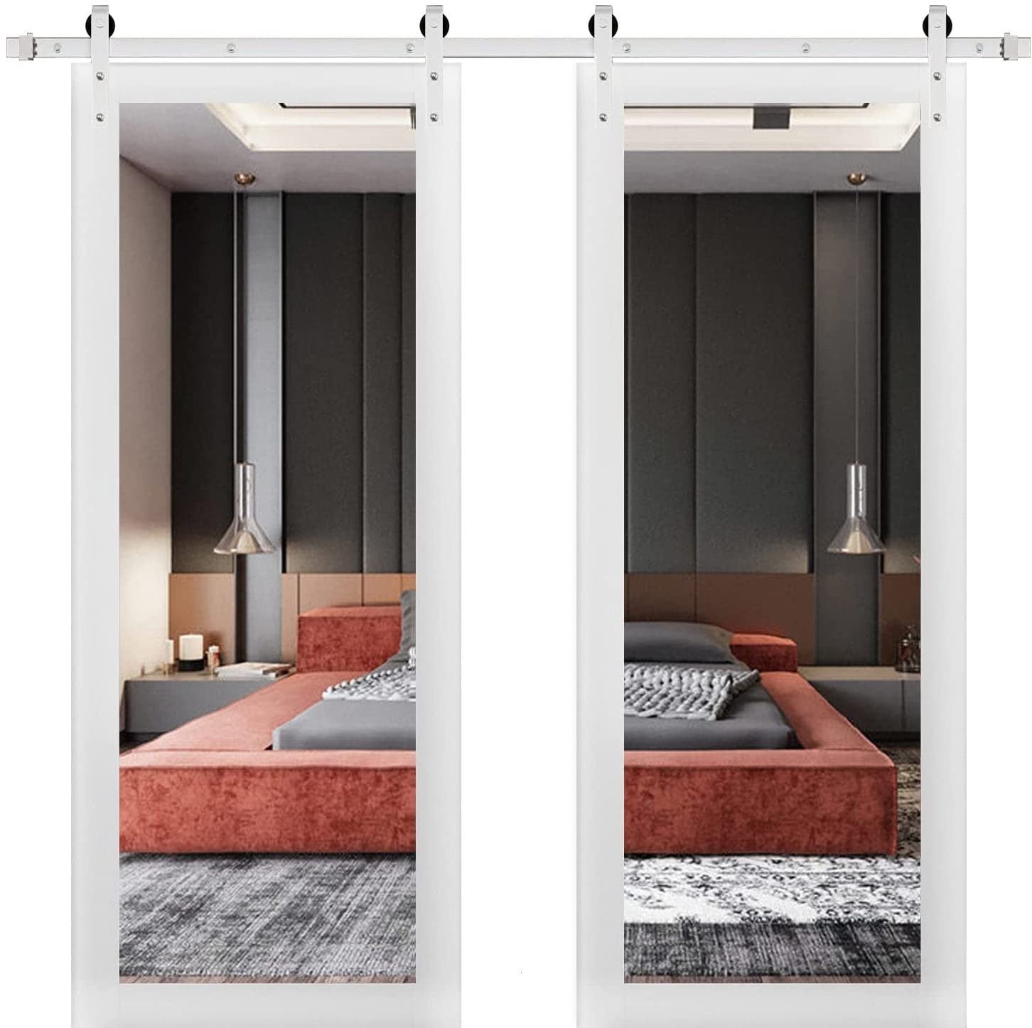 SARTODOORS LUC1299DB-S-WS-7296 72-in x 96-in White Silk Mirrored Glass MDF Double Barn Door (Hardware Included)