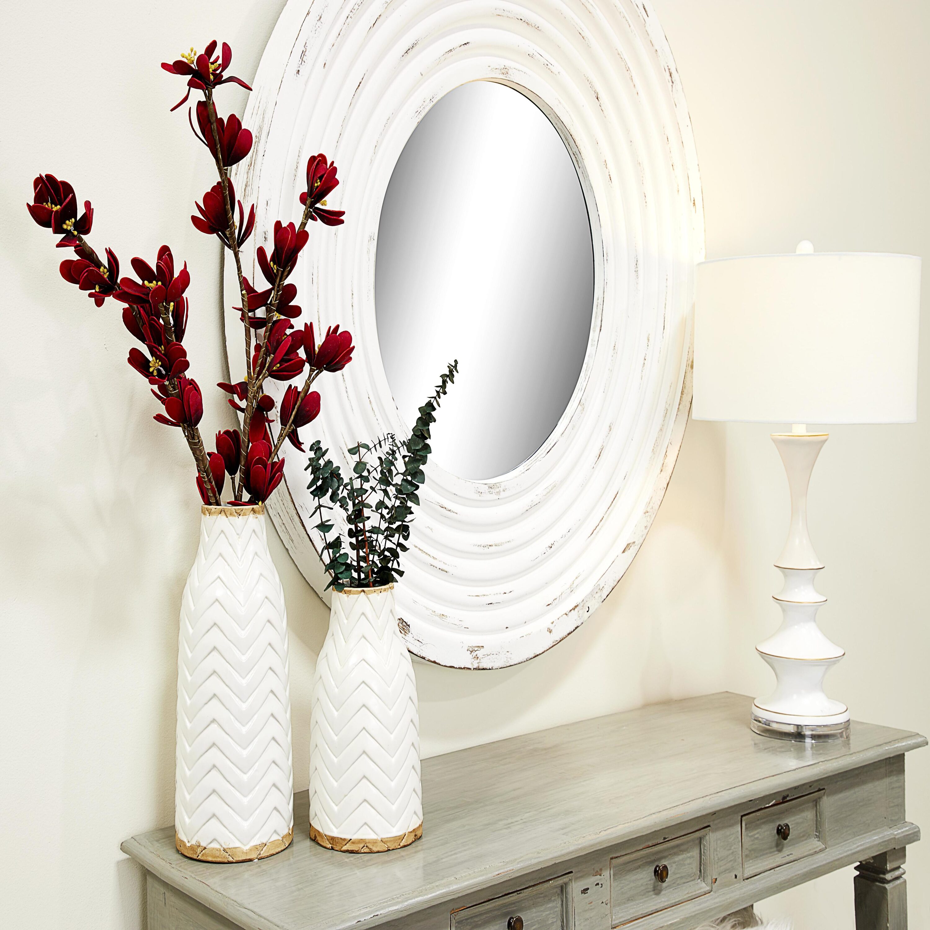 White Chevron Pattern Ceramic Vase with Brown Base, 12"