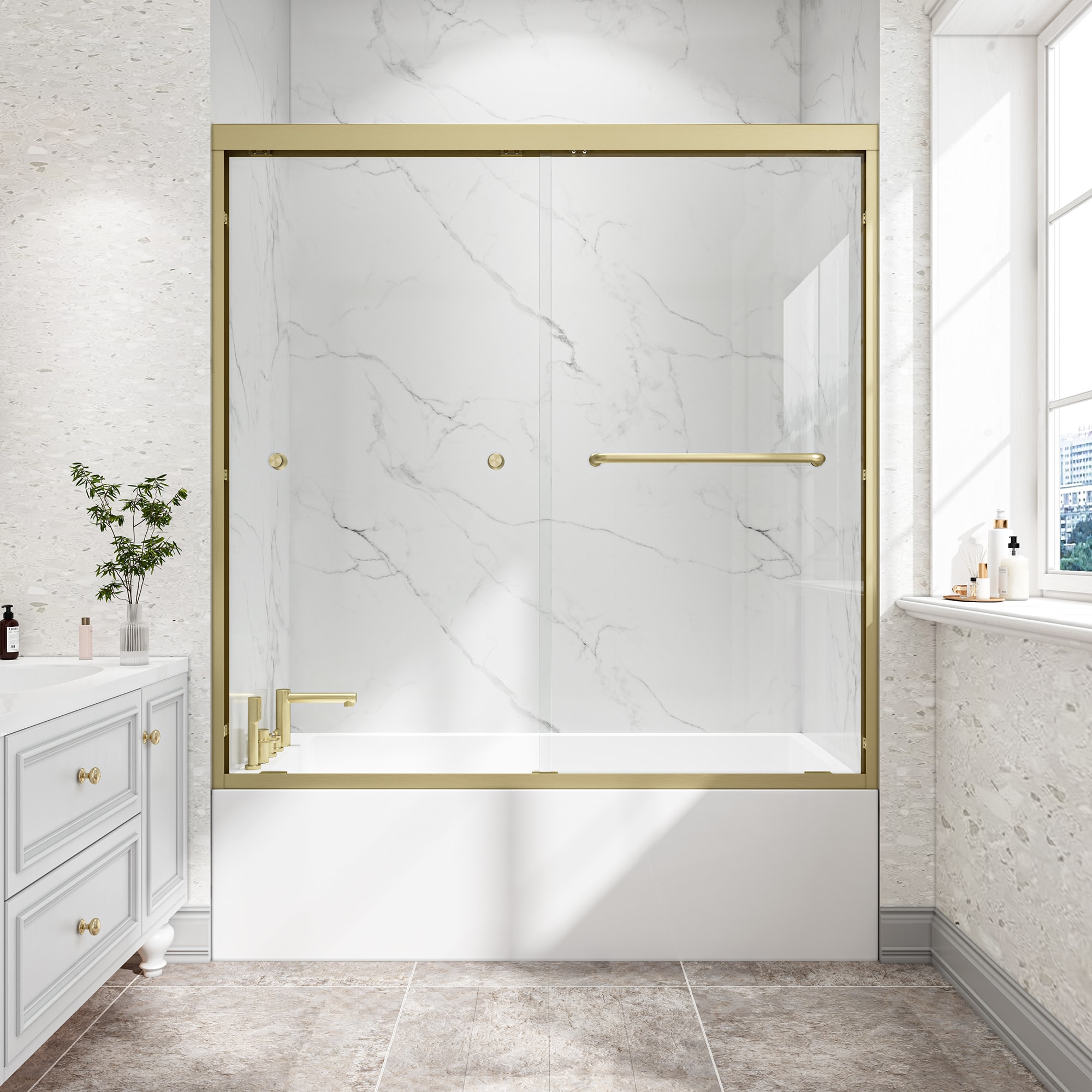 GLANZEND  Brushed Gold 55-in to 60-in W x 60-in H Tempered Glass Double Bypass Sliding Shower Door