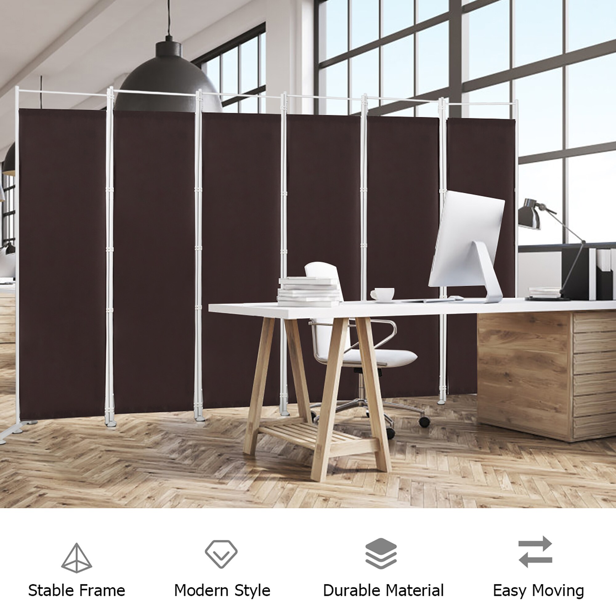Brown Polyester 6-Panel Folding Room Divider with Steel Frame