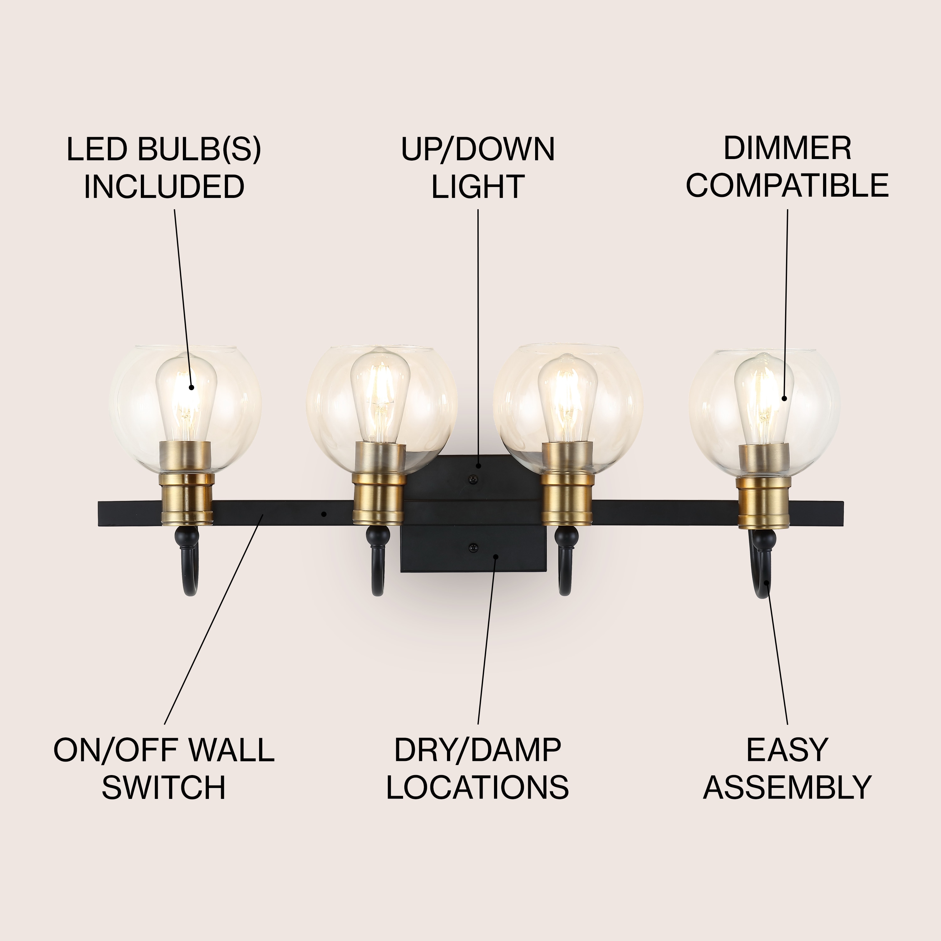 Espanola Black Iron 4-Light Vanity with Clear Glass Globes