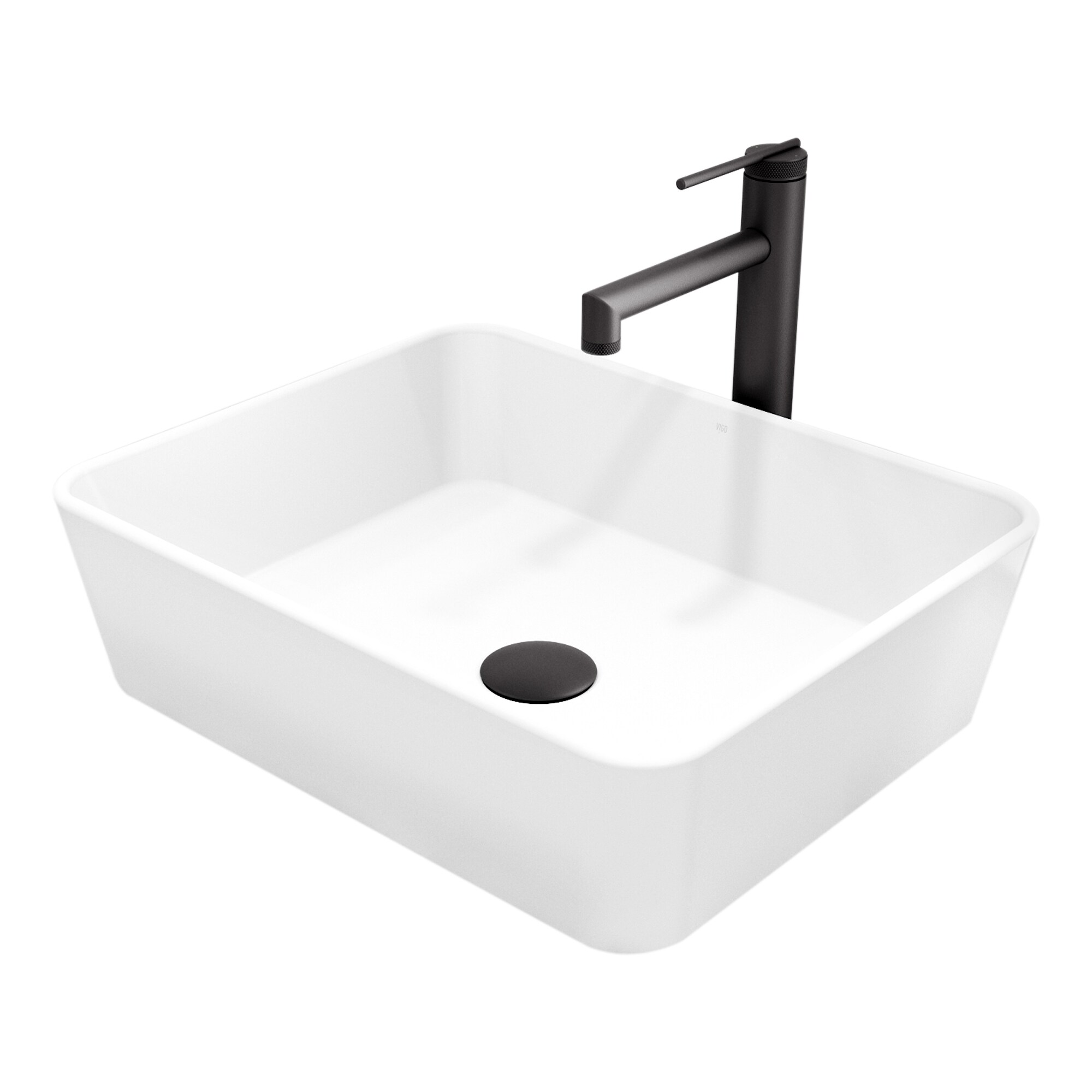 VIGO VGT2053 Marigold Matte Stone 18-in Vessel Rectangular Modern White Bathroom Sink with Faucet Included with Drain Included