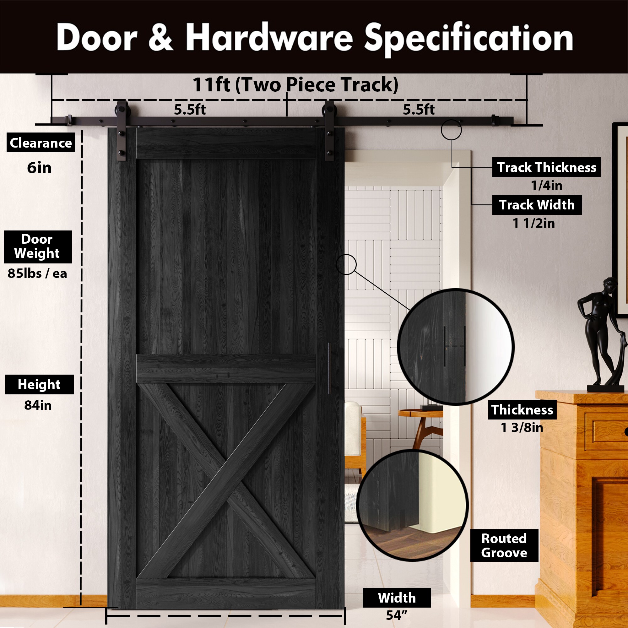 HOMACER YT1TGH132C-6084-X-BK Barn-Doors - View #2