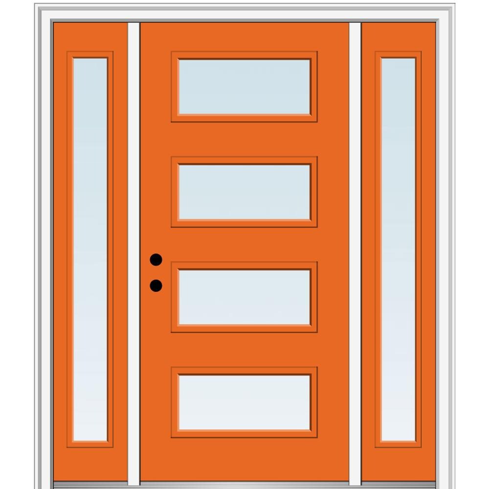 MMI DOOR ZZ345594R Spotlights 60-in x 80-in x 4-9/16-in Fiberglass Pulse lite Right-hand inswing Tangerine Painted Prehung Front Door with Sidelights with Brickmould Insulating core