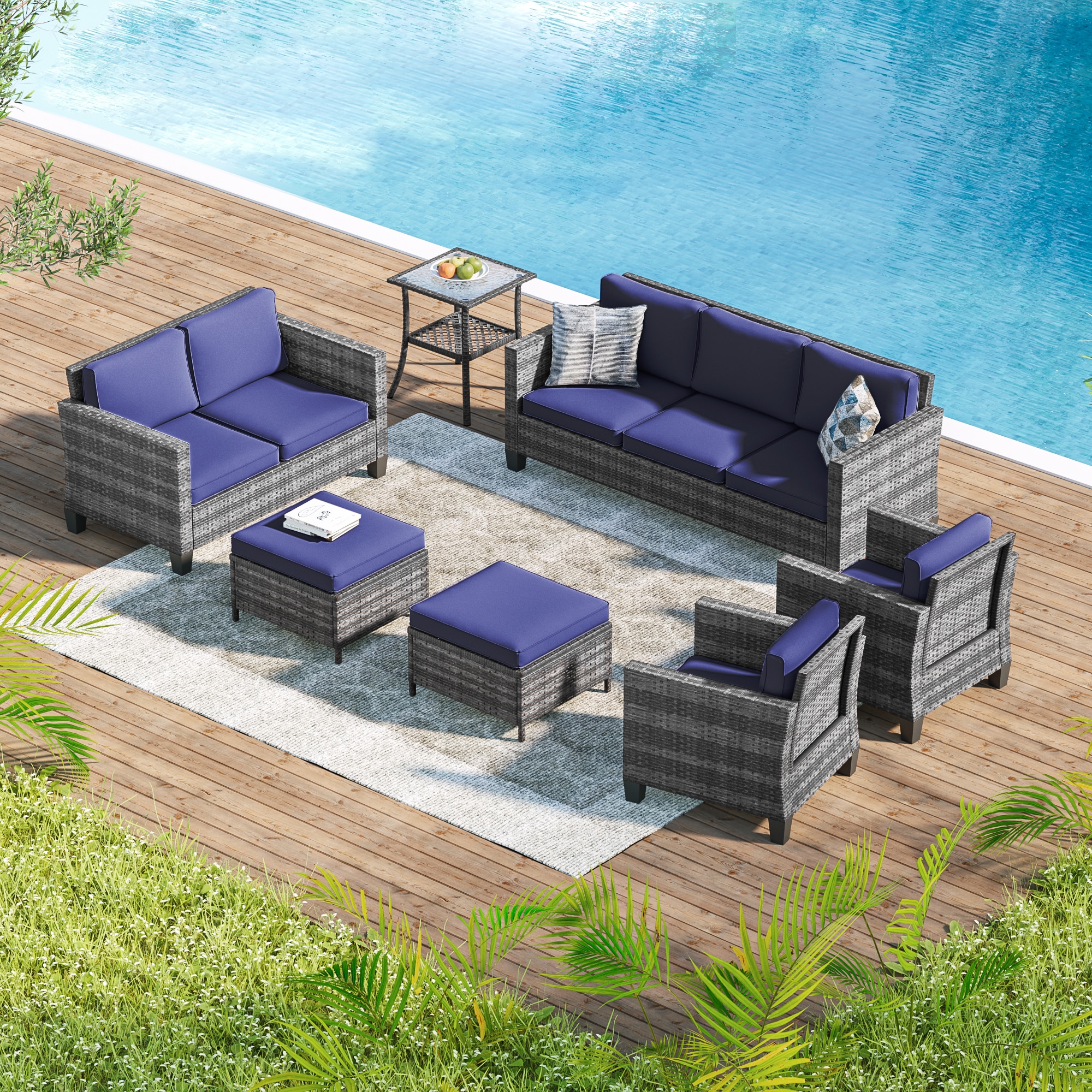 ACEGOSES LW-115HNY-S3T2 Skytop 7 -Piece Wicker Patio Sofa Conversation Set with Blue Cushions