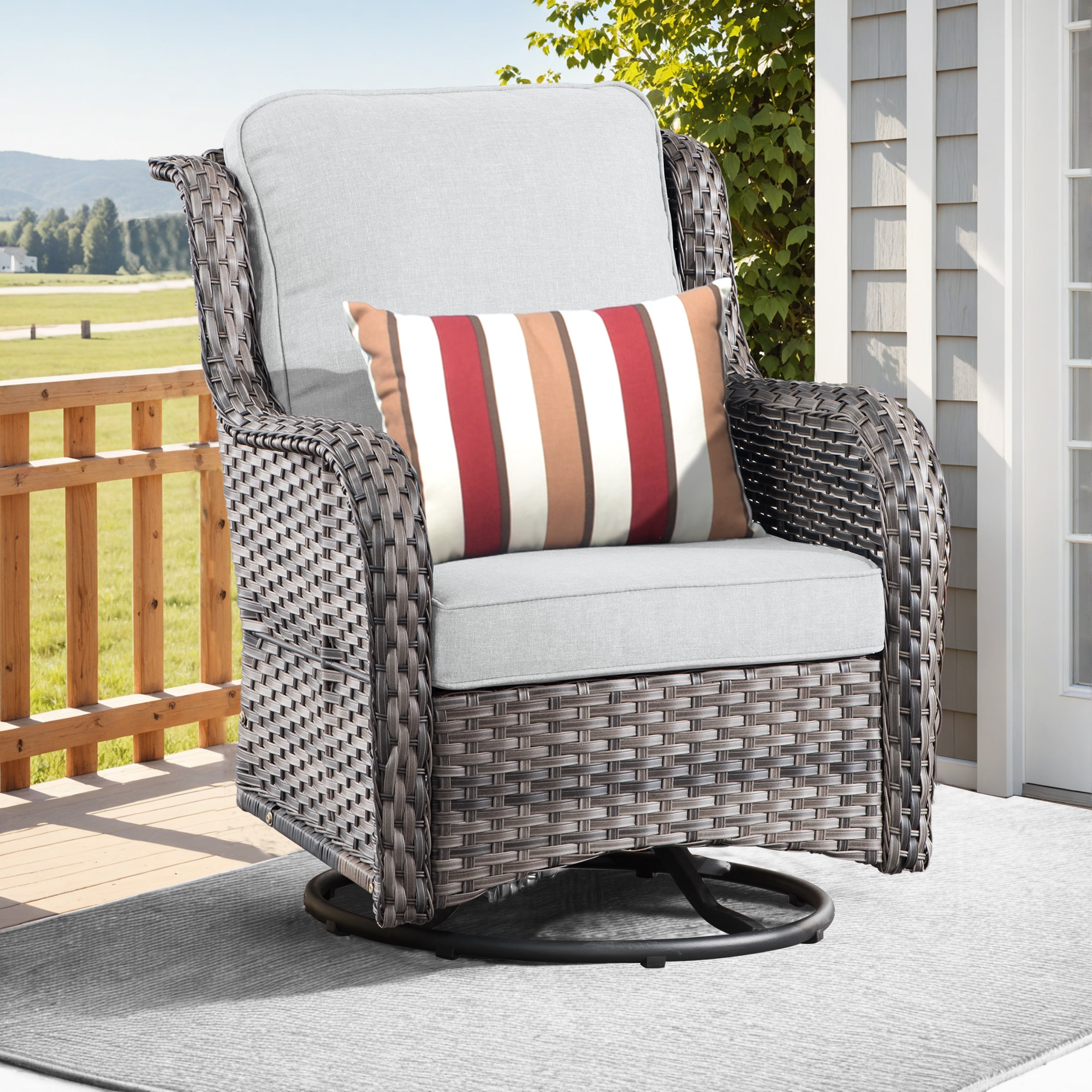 Pouuin SYZGNTC401 Wicker Gray Metal Frame Swivel rocker Rocking Chair with Gray Cushioned Seat