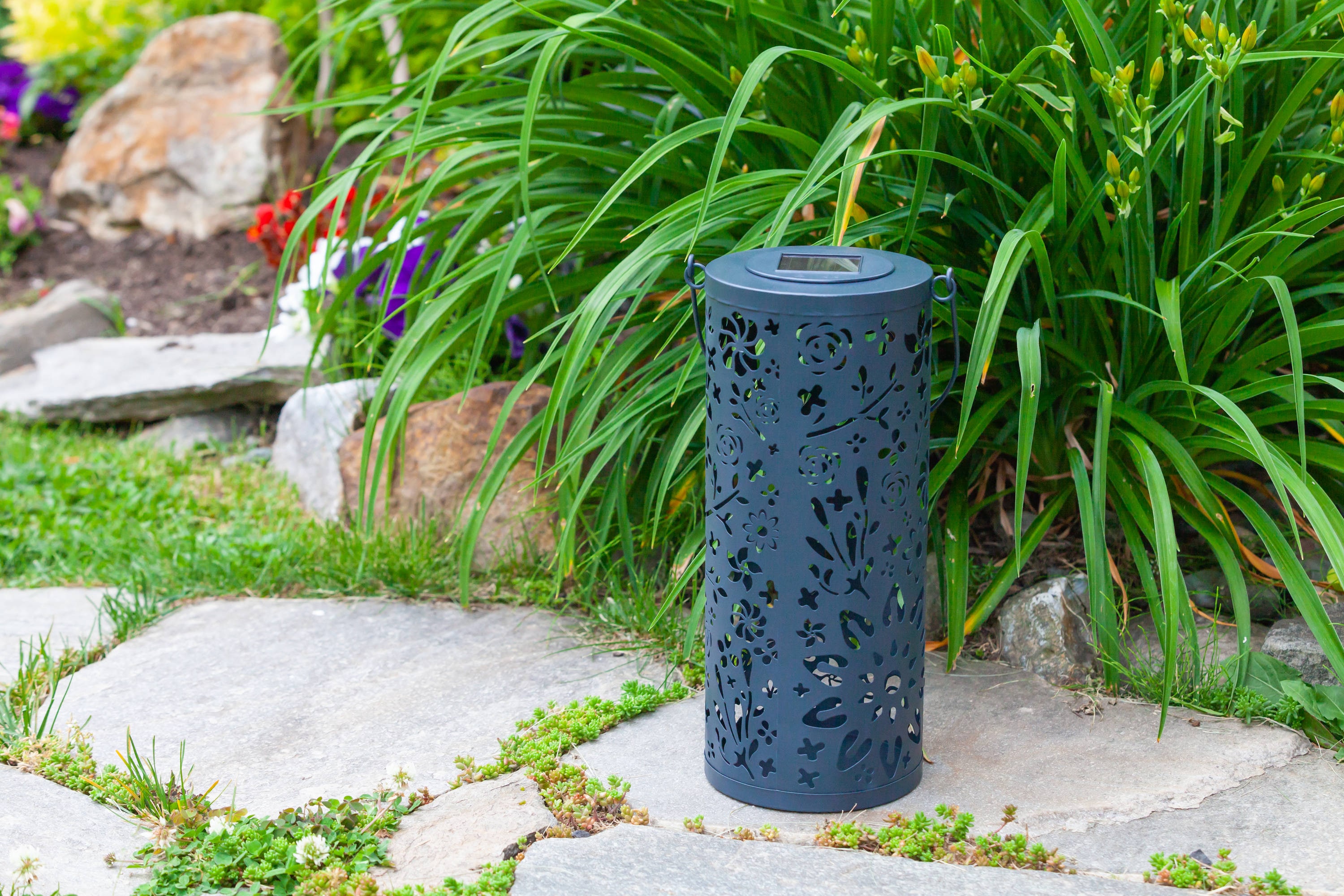 Midnight Blue Floral Punched Metal Solar Lantern