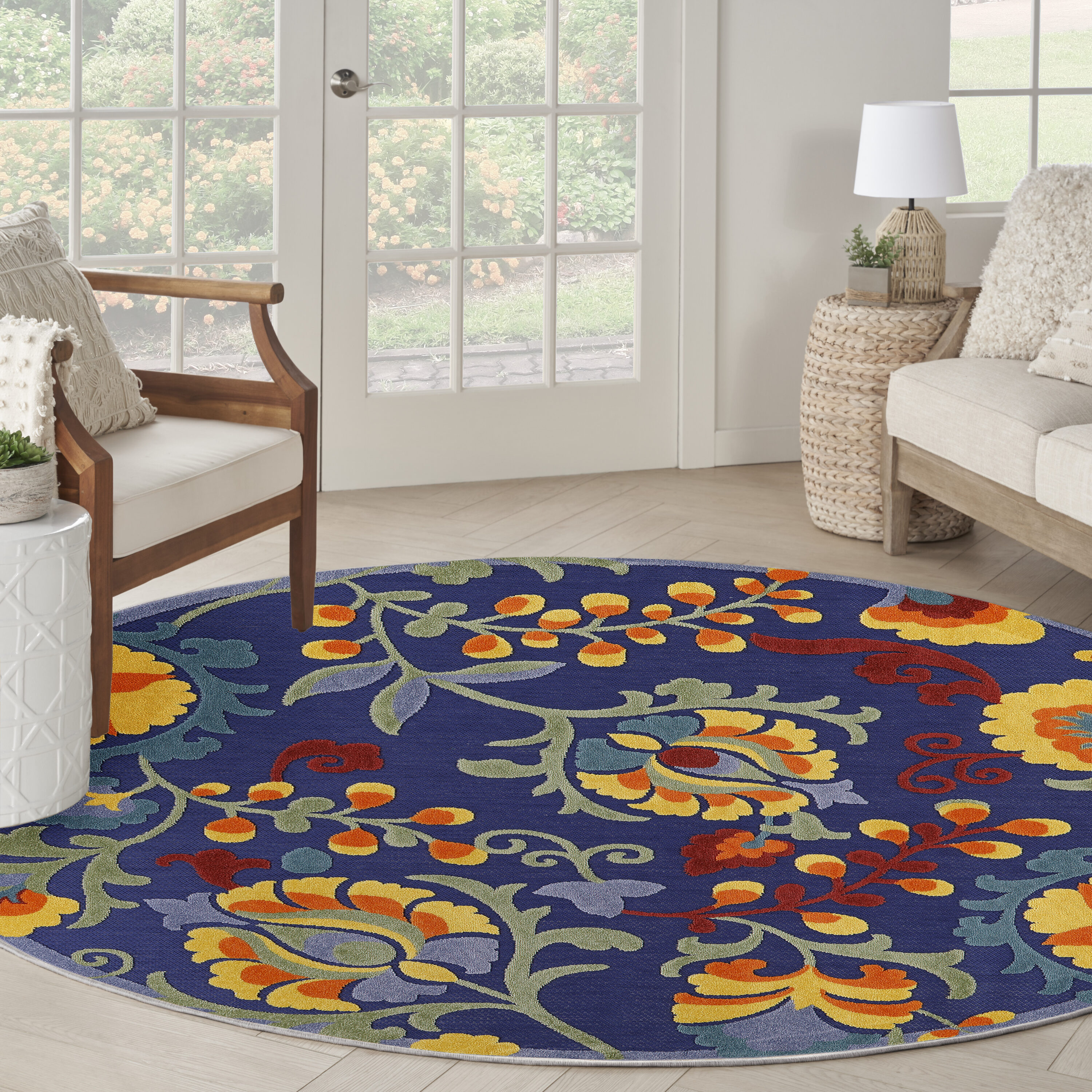 Nourison Home 099446921338 Aloha 8 x 8 (ft) Loomed Polypropylene Navy Multicolor Round Indoor/Outdoor Floral/Botanical Farmhouse/Cottage Area rug