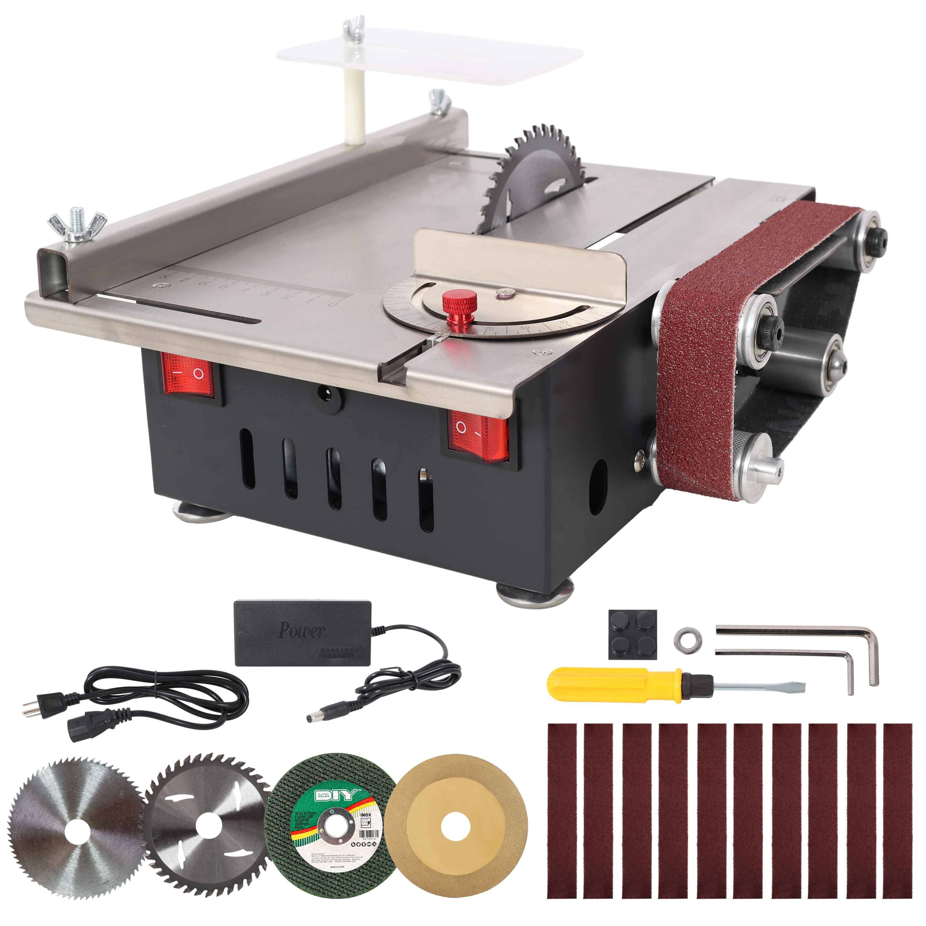 FAVSH Mini Table Saw Belt Sander stainless steel top 4pcs Blades 10pcs Sanding Blet 7 Gear Adjustable 0-90 Angle Available for Wood/PCB/Acrylic/Plastic DIY Model Crafts Cutting Tool