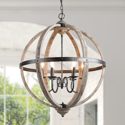 6 Light Candle Chandelier, Wood And Iron Globe Chandelier