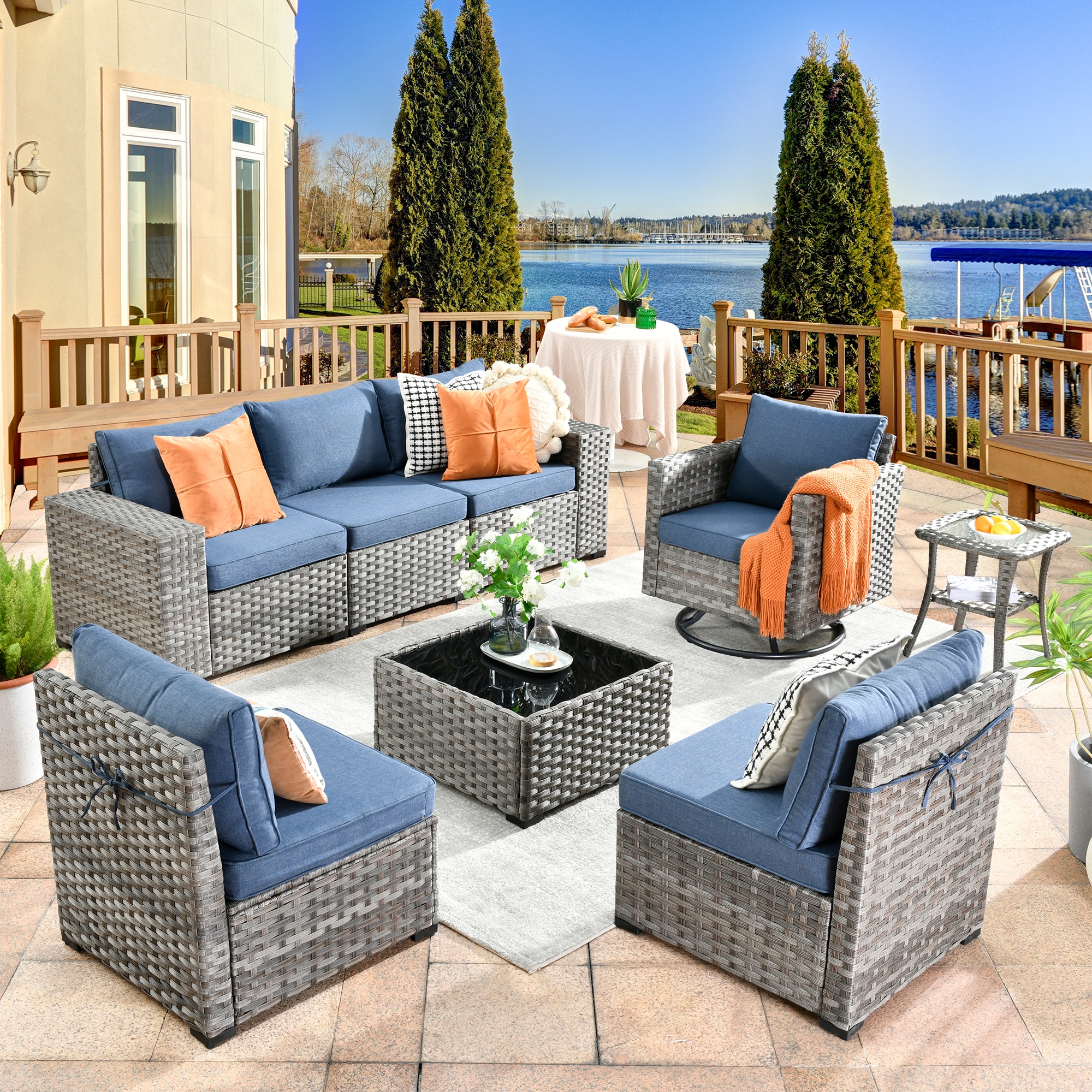 Ovios KFS300Y1 Shine Wicker Outdoor Sectional with Blue Cushions and Iron Frame