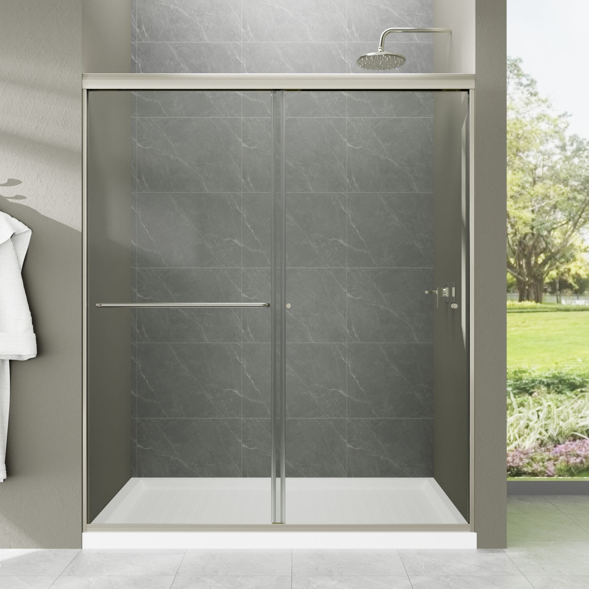 WELLFOR XS-130310 SD Track Sliding Shower Door Nickel 56-in to 60-in W x 70-in H Frameless Bypass Sliding Shower door 3/8-in Thick Clear Glass