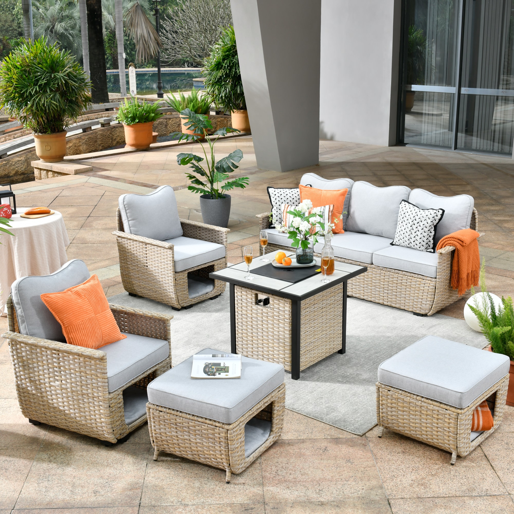 Pouuin SCAT4006 6 -Piece Rattan Patio Sofa Conversation Set with Gray Cushions