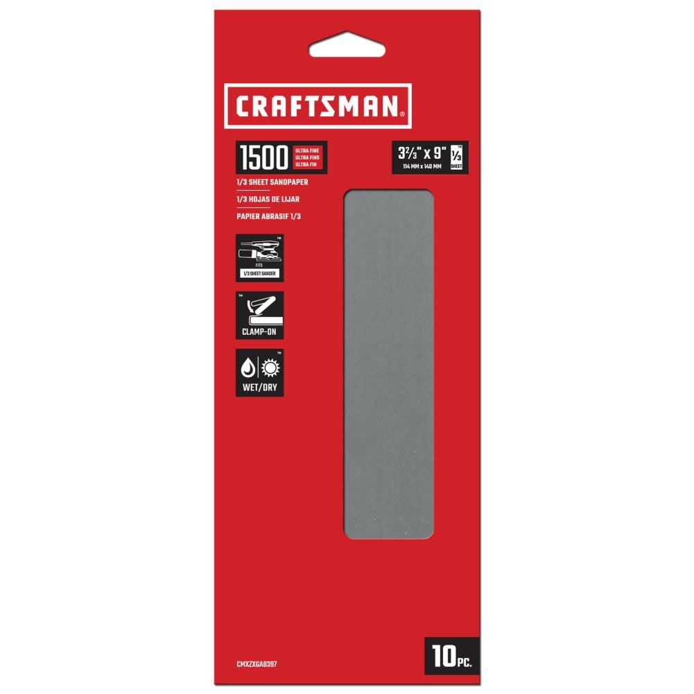 CRAFTSMAN CMXZXGA8397 3.6 x 9 W/D Sheet 1500 Grit 10pk 10 -Piece Silicon carbide 1500 -Grit Sheet Sandpaper