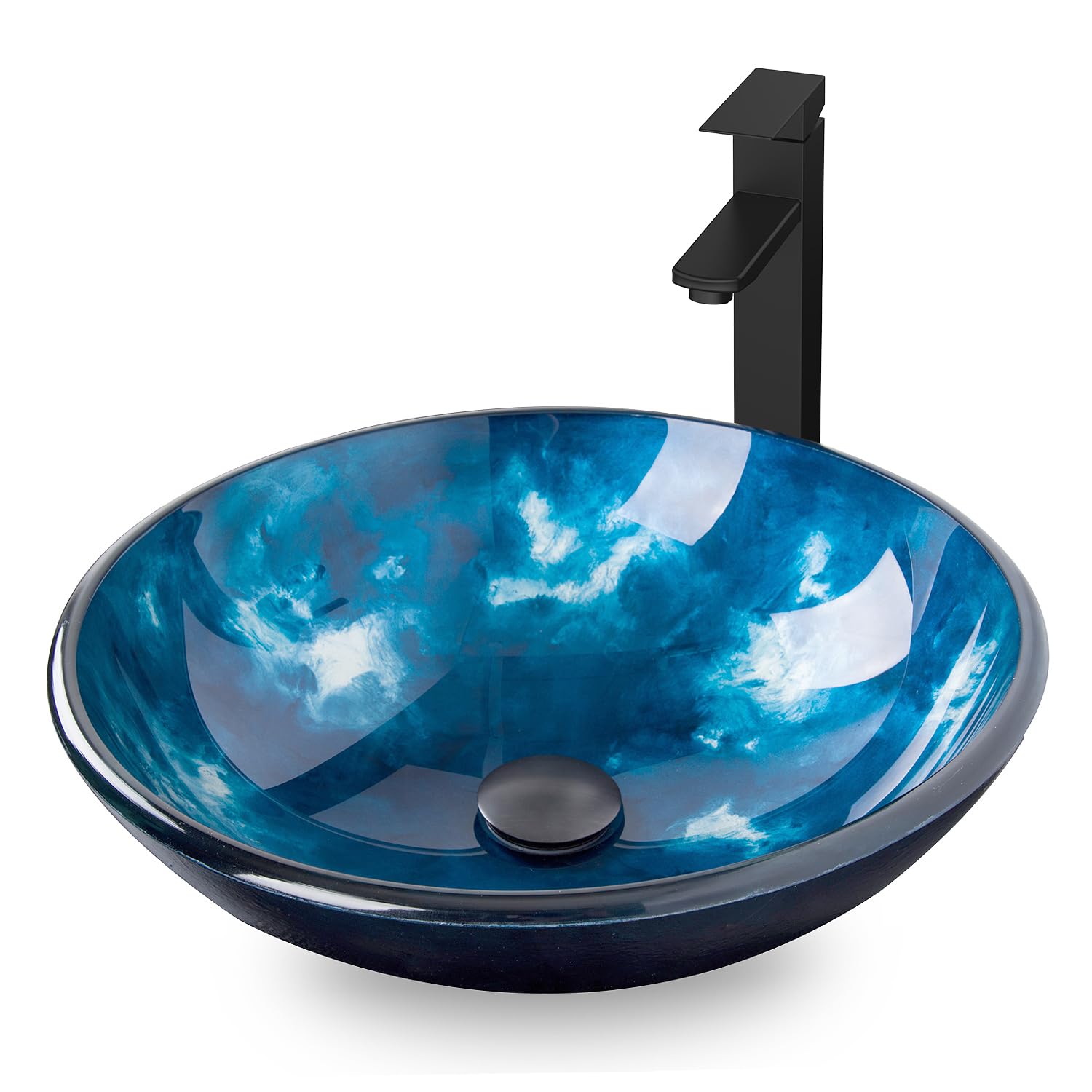 Lovav Ocean Blue  Round Tempered Glass Vessel Sink With Faucet Pop Up Drain And Water Lines