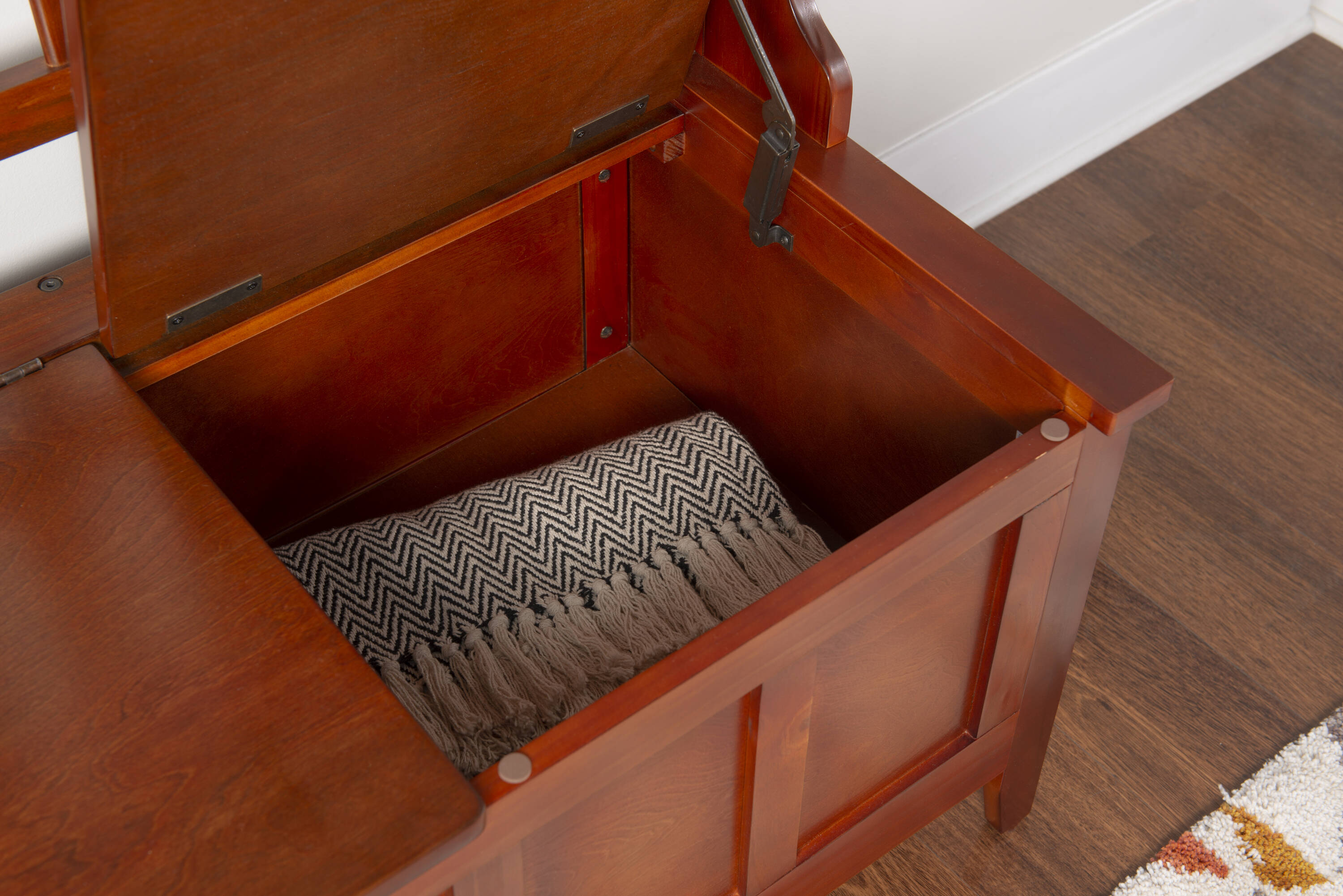 Walnut Finish Split-Seat Storage Hall Tree with Double Hooks