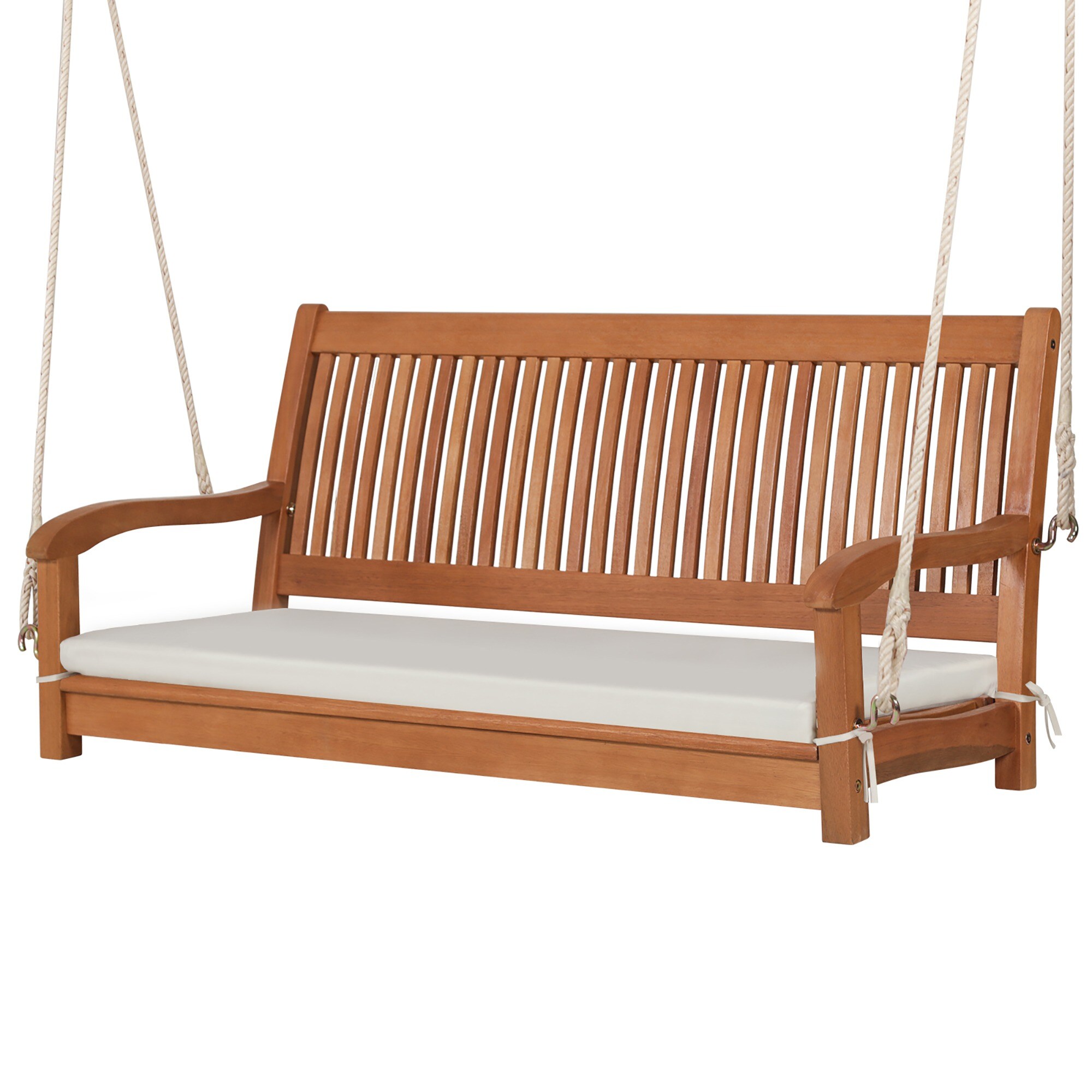 Costway  2-Person Hanging Porch Swing Wood Bench with Cushion Curved Back Outdoor Natural