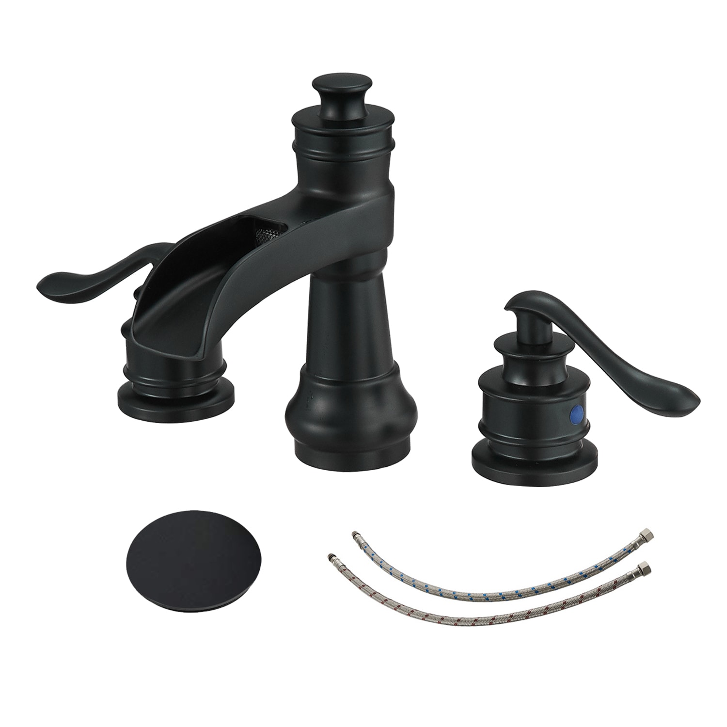 BWE A-96558-S-BLACK Matte Black Widespread 2-handle WaterSense Waterfall Commercial/Residential Handle Bathroom Sink Faucet with Drain