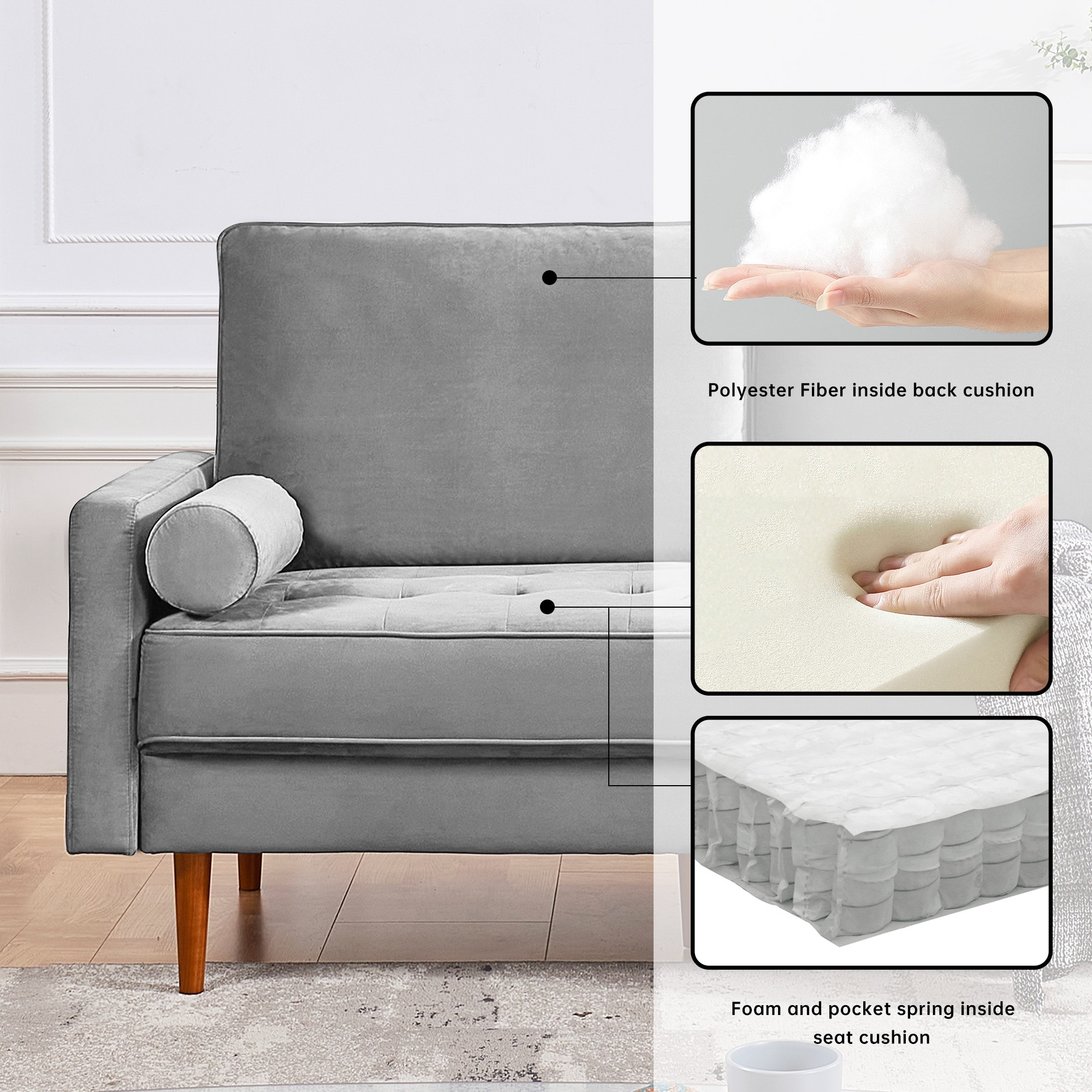 57 Inch Grey Velvet Loveseat with Bolster Pillows