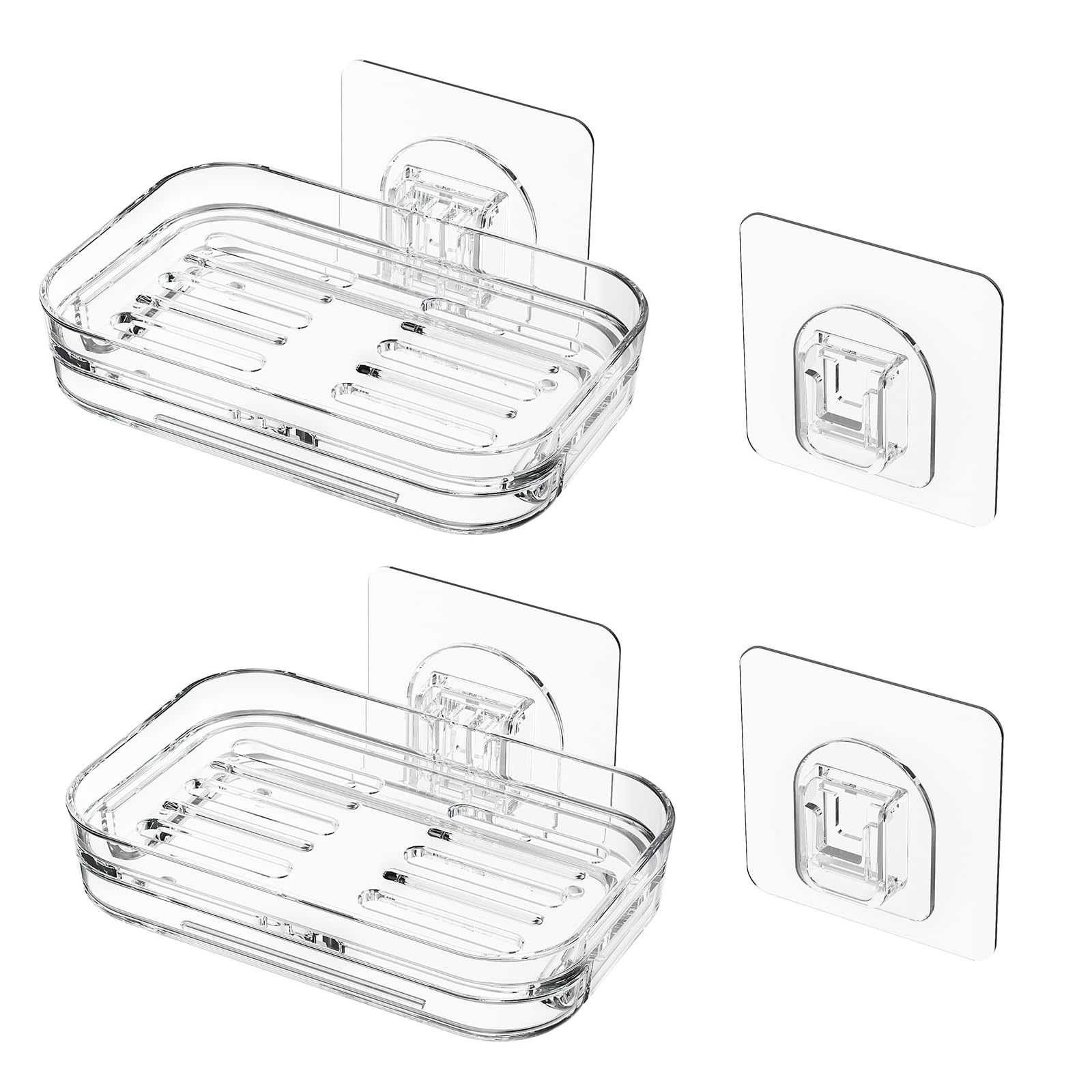 Aoibox  2 Pack Wall Mounted Clear Plastic Self Draining Soap Dish with Strong Adhesive Strips for Shower Bath