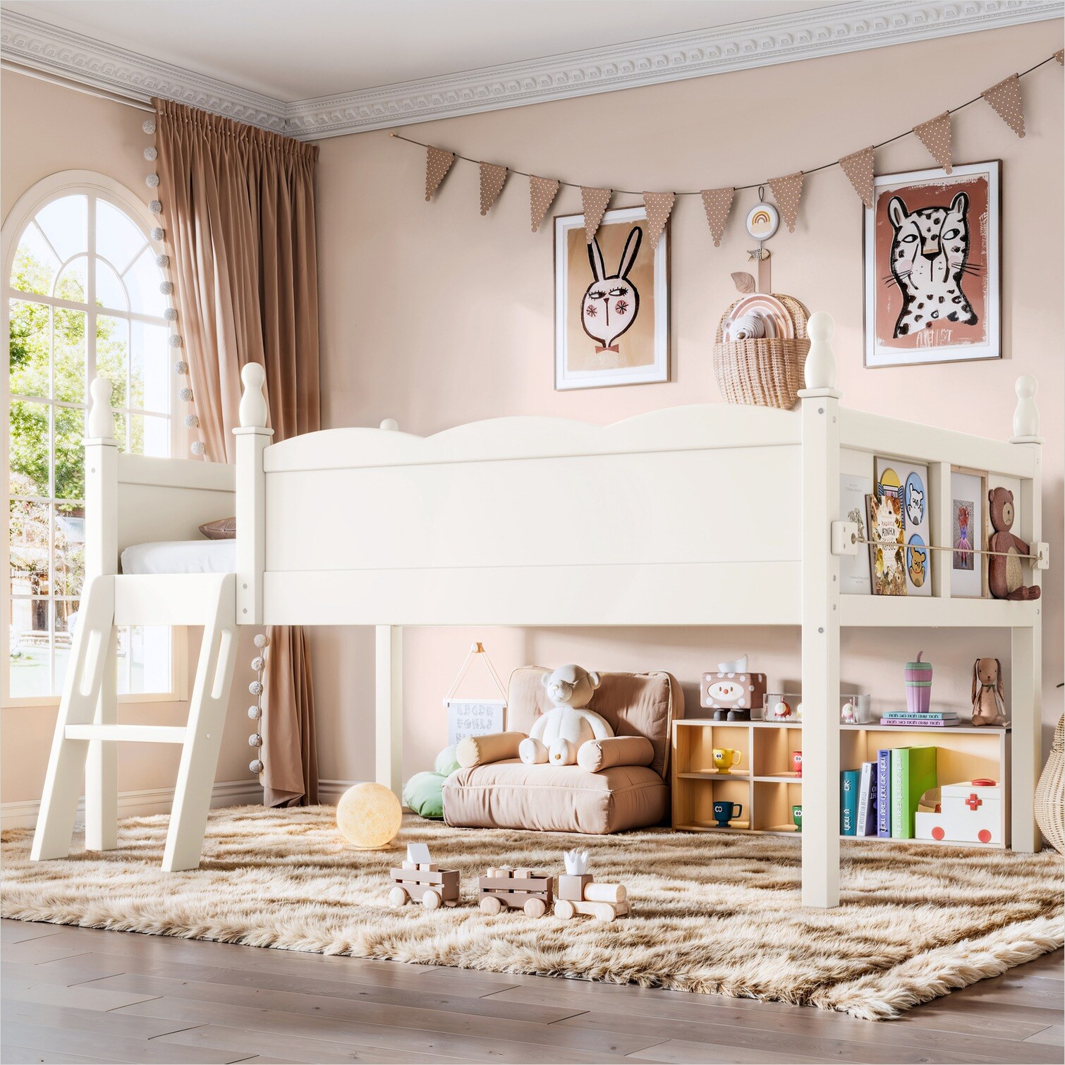 SunJet 78.5 x 48.7 x 40.4 in Loft Bed for Bedroom in Beige MDF and Pine ...