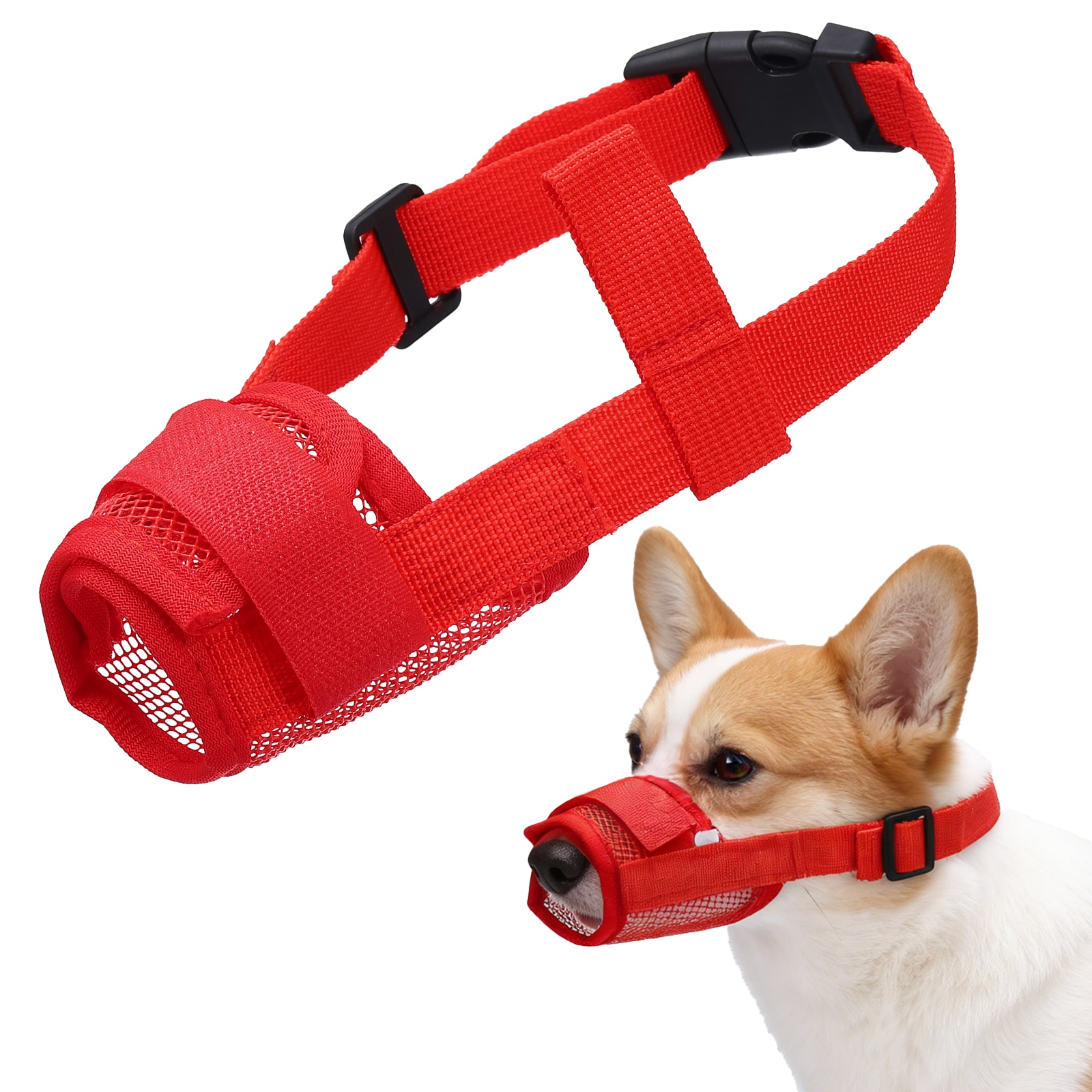 Unique Bargains Dog Muzzle Soft Mesh Muzzle Adjustable Anti Biting Chewing Breathable Drink Mouth Guard Cover (Red L) for Small Medium Puppies/Grooming/Walking/Vet Visiting