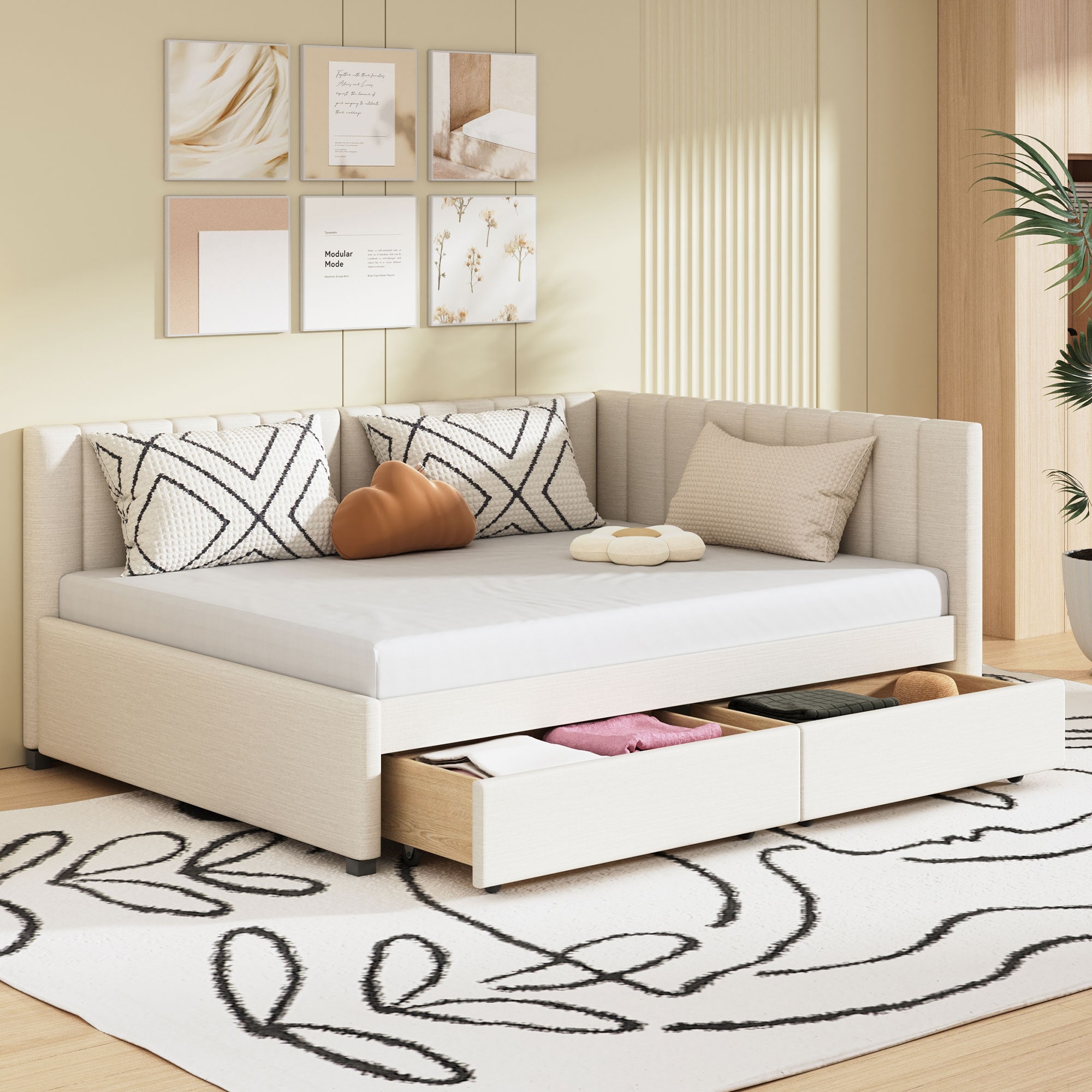 ModernLuxe LP000172AAA Full Size Upholstered Daybed with 2 Storage Drawers Sofa Bed Frame No Box Spring Needed Linen Fabric Beige