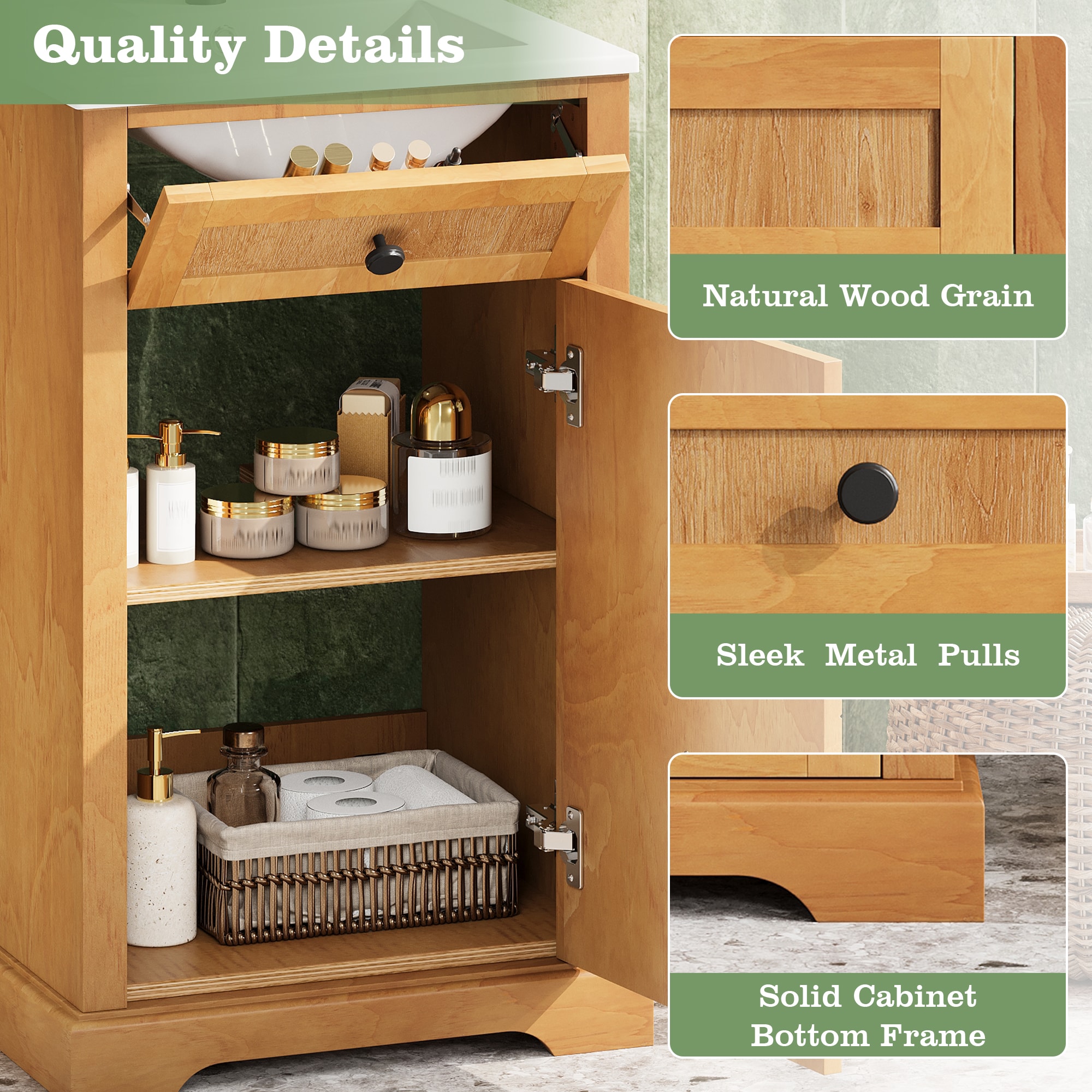 GLANZEND 18.3-in D x 20.1-in W x 33.7-in H Bathroom Vanity Solid Wood ...