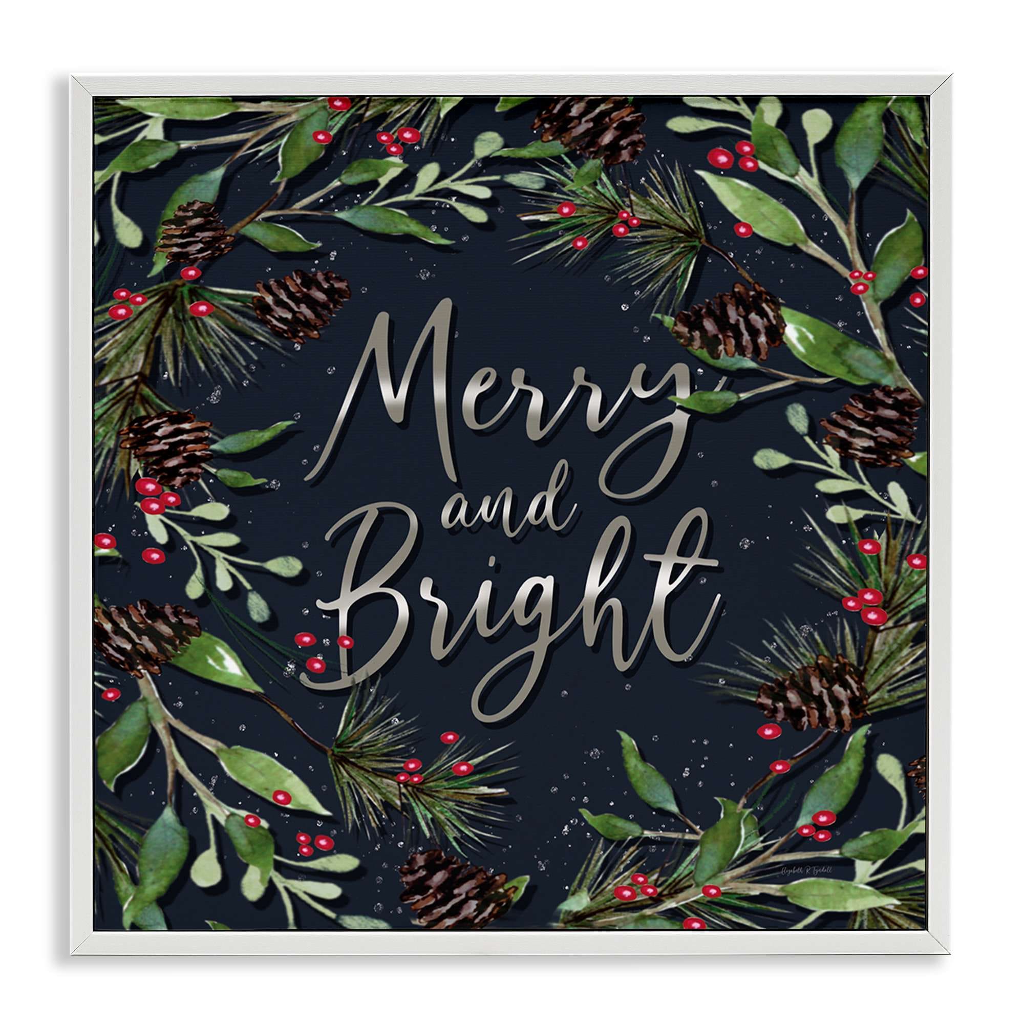 Stupell Industries  Merry and Bright with Holly Leaves White Framed Giclee Art By Elizabeth Tyndall 17 x 17