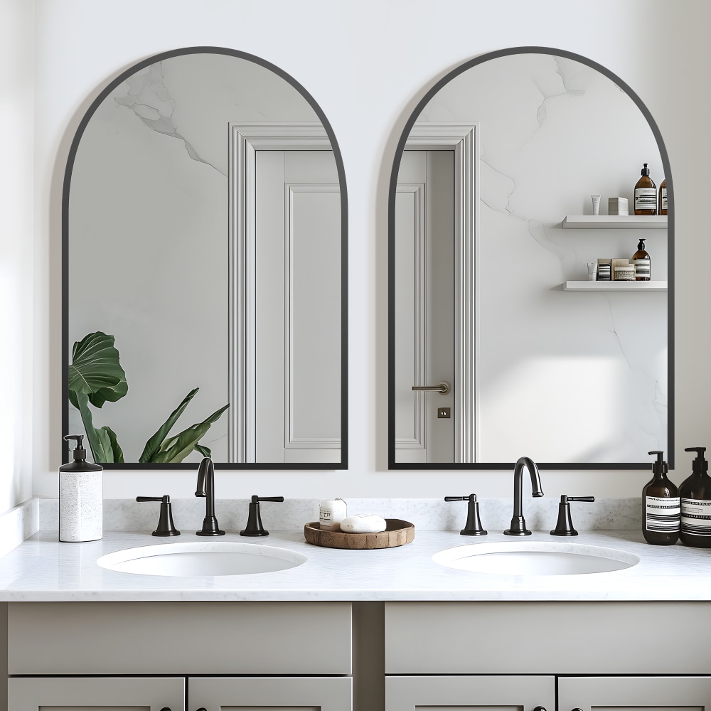 Wooakway 2-Pack Black Aluminum Slim Edge Arch Hanging Bathroom Mirror Wall Mount Vanity Mirror for Bathrooms