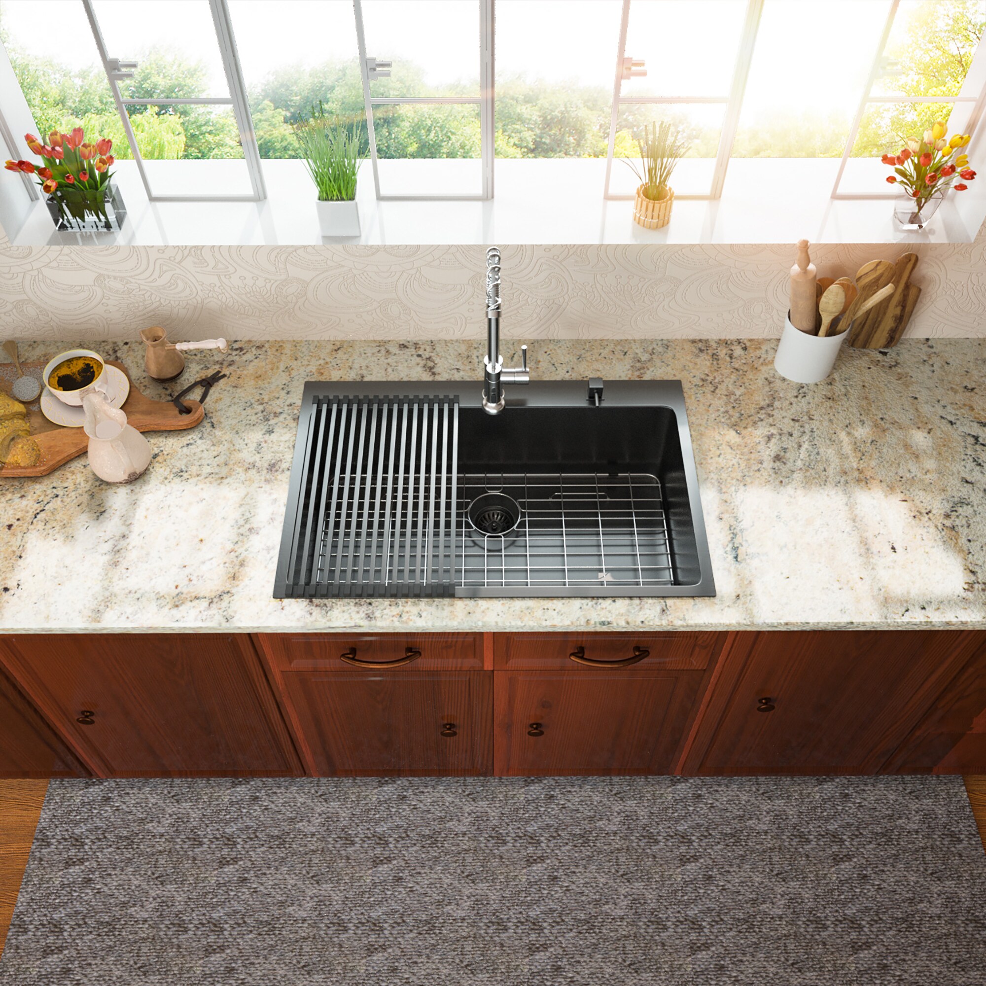Lordear H-TL28BR 2 Faucet Holes Rectangular Kitchen Sink Drop-In 28-in x 22-in Black Stainless Steel Single Bowl 2-Hole Kitchen Sink