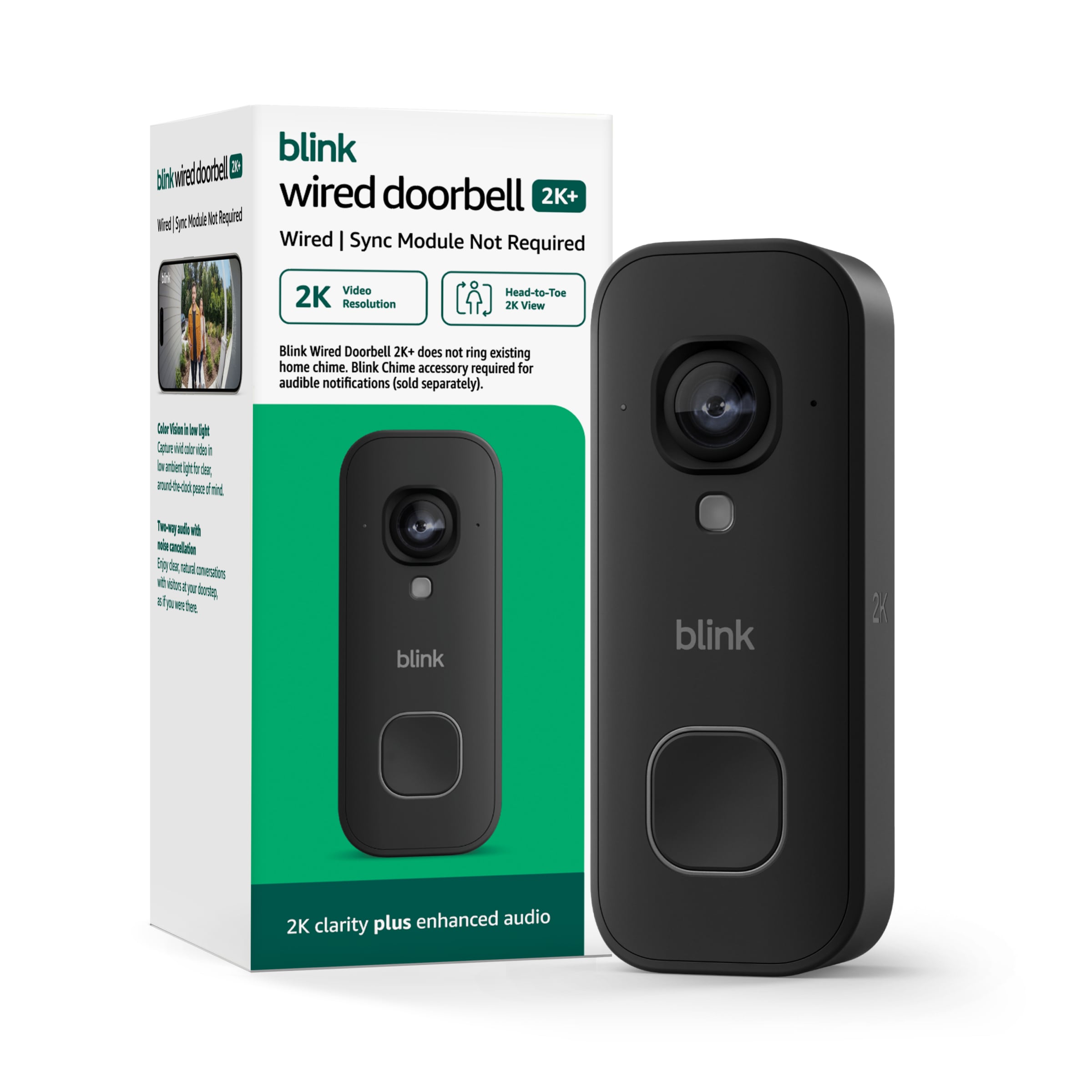 Blink Wired Doorbell 2K+ (Black) - Head-to-Toe 2K video doorbell, continuous hardwired power, enhanced audio